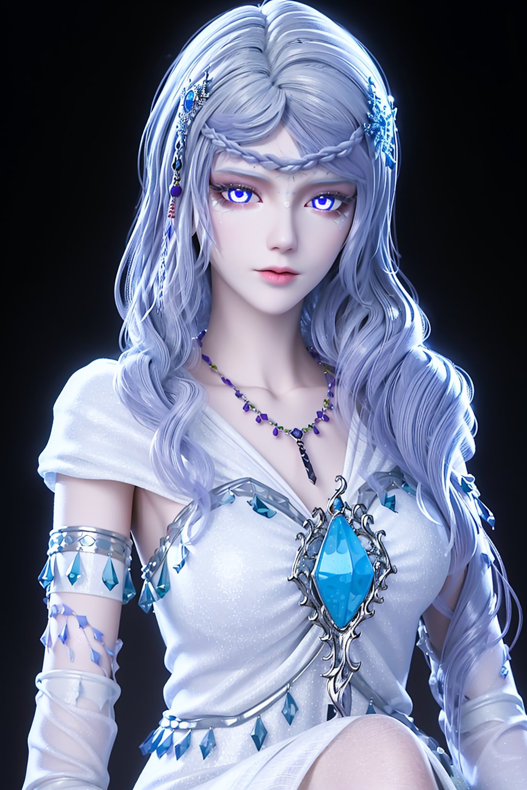 crystalstexture skin,best quality,masterpiece,ultra detailed,8k,RAW photo,realistic,photorealistic,ultra-detailed,intricate detail,extremely detailed,delicate pattern,masterpiece,looking at viewer,<lora:coo_精灵叶罗丽_银尘_1:0.7>,1girl,solo,(glowing eyes,very long hair:1.15),single braid,hair over shoulder,white hair,braid,jewelry,blue dress,absurdly necklace,hair ornament,circlet,snowflake,long sleeves,sitting,