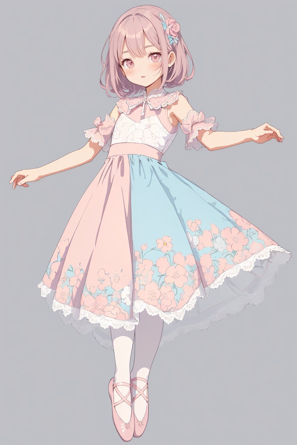 1girl, , (flat color:1.3), clear, vividBREAK, girly style, lace dresses, pastel colors, floral prints, high-waisted skirts, ballet flats, delicate accessories