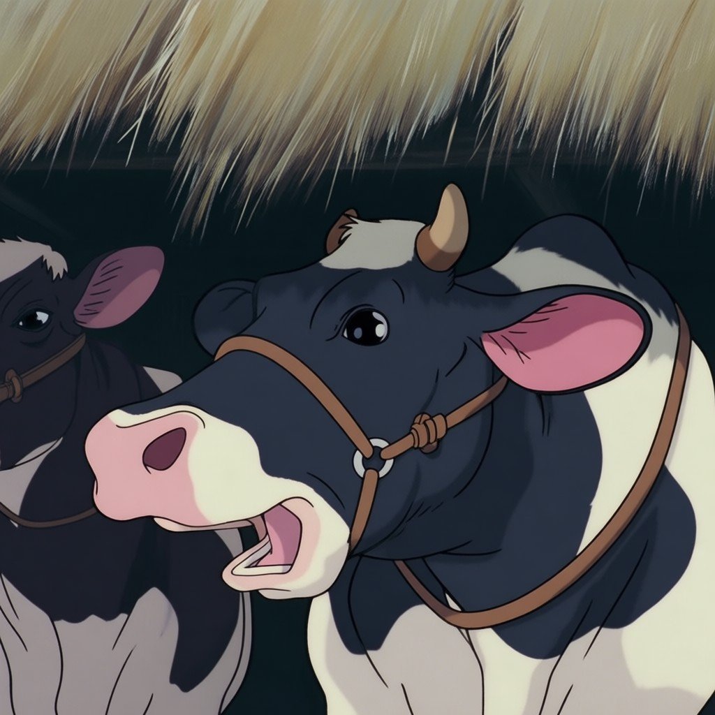 A ghibli style image of two cows standing under a thatched roof,  one with its mouth open and tongue out,  both wearing ha...
