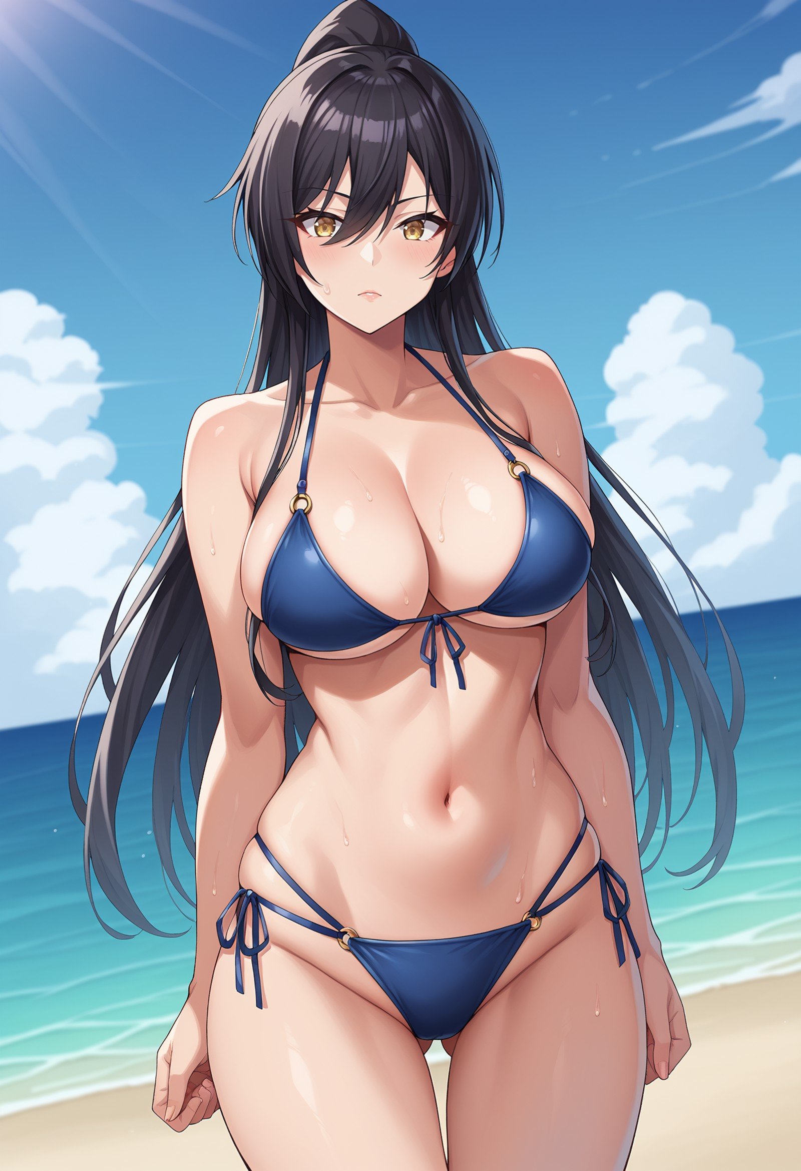 score_9, score_8_up, score_7_up, BREAK source_anime, 1girl, solo, shirase sakuya, large breasts, black hair, long hair, high ponytail, yellow eyes, bikini, beach, dutch angle <lora:hskc-sakuya-pony-v0.5:1>