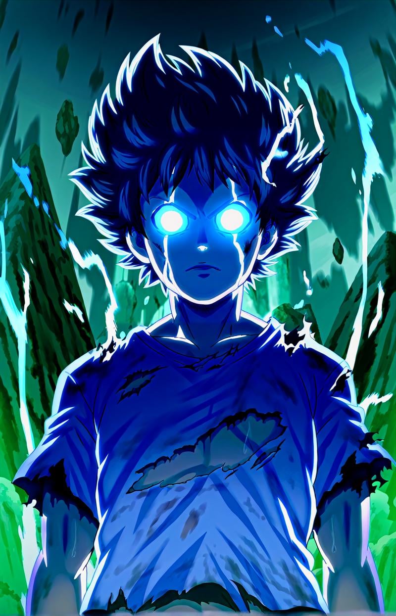 score_9, score_8_up, score_7_up, BREAK source_anime, RageModeV4XL, 1boy, male focus, solo, kageyama shigeo, torn clothes, looking at viewer, shirt, upper body, short sleeves, blank eyes, glowing, t-shirt, short hair, spiked hair, glowing eyes, aura, anime screencap, <lora:RageModeV4XL:1>