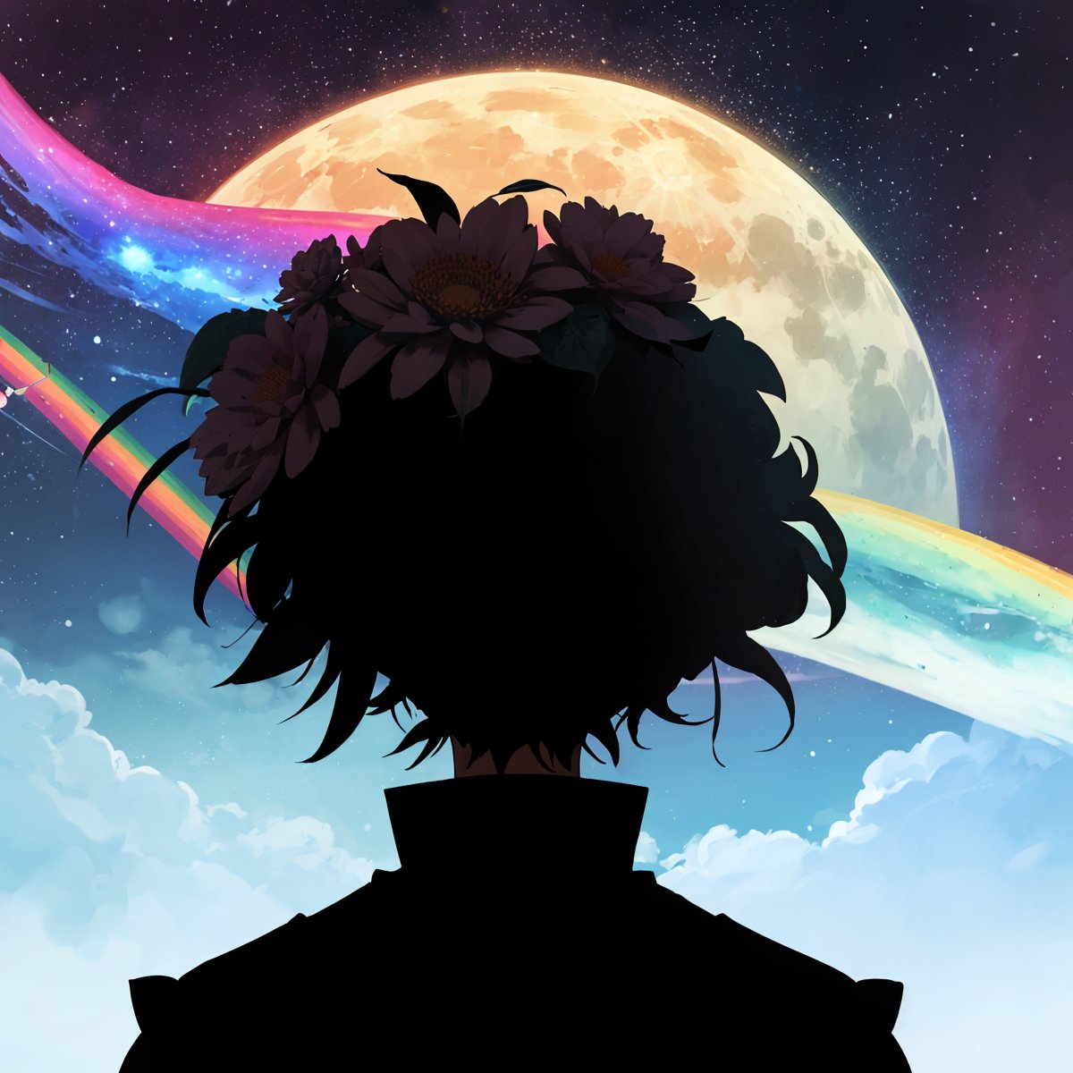 1girl, flowers, leaf, swirling mist, rainbow mist, dripping, traditional texture, (silhouette:1.3), rainbow:1.3, nebula, clouds, moon, meteor shower