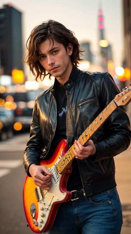 (masterpiece, best quality, highres:1.2), (photorealistic:1.2), photo, (1 gorgeuos italian man), in high detailed leather black jacket and jeans, short hair, photogenic, playing guitar, fender stratocaster, New York city, ultra high details, dim light, dawn, bokeh background, perfect night, (night beautiful background:1.3), (sharp), (film grain:1.3), (morbid light:1.2), (dynamic angle), exposure blend, dim light, (hdr:1.4), high contrast, (muted colors, dim colors, soothing tones:1.3), low saturation, morbid