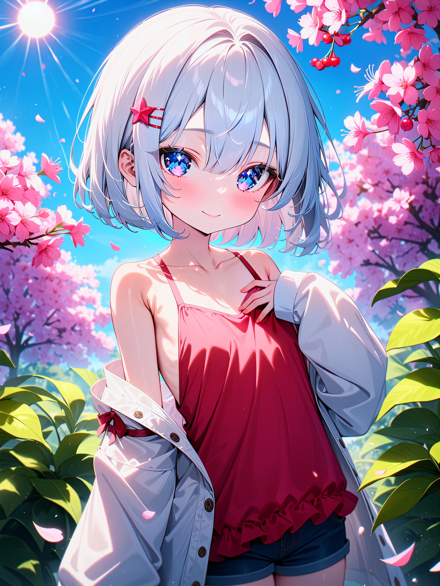 masterpiece, best quality, very aesthetic, absurdres, newest, 1girl, cute girl, flat chest, skinny, petite, White hair, Short hair, White eyes, light blue eyes, hair between eyes, red star hairpin, Fuchsia Tank top, short shorts, denim shorts, white jacket, bare shoulders, pink shirt, (loose clothes, frilled bow, sleeves past wrists:1.2), flower tree, falling petals, sunlight, sunbeam, sideboob, cherry blossoms, sun, smile, closed mouth, upper body, colorful flower, tilting, (hand on own chest:1.2), garden, blue sky, standing, collarbone, 