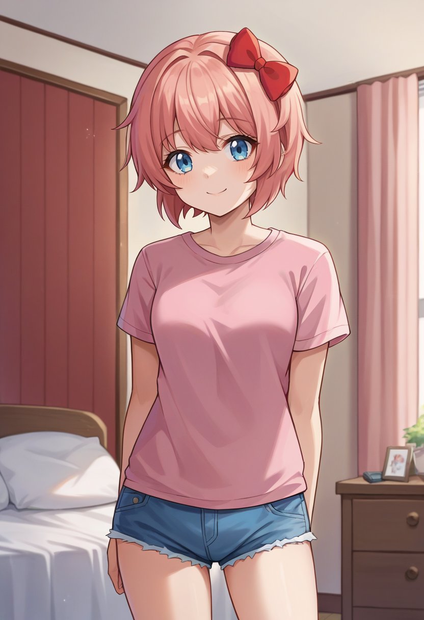 score_9, score_6_up, source_anime, 1girl, solo, cowboy shot, standing, sayori, blue eyes, red bow, pink t-shirt, blue shorts, cutoffs, bedroom, light smile <lora:ddlcXL:0.8>