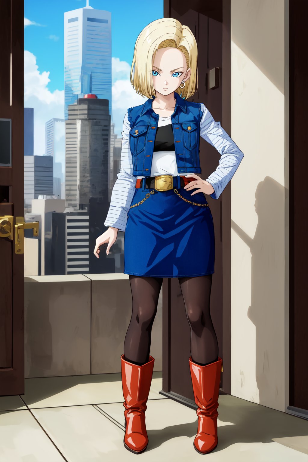 masterpiece, detailed face, android 18, 1girl, solo, looking at viewer, short hair, blue eyes, skirt, blonde hair, cityscape, skyscraper, shirt, long sleeves, city, jewelry, standing, jacket, full body, pantyhose, earrings, boots, belt, hand on hip, denim, hand in own hair, denim skirt, denim jacket, white sleeves, striped sleeves, black shirt <lora:4ndro1d_18-000008:0.8>