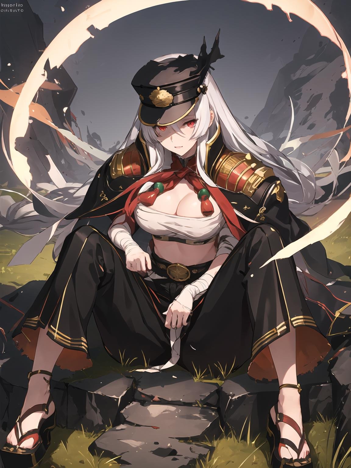 masterpiece,best quality,highres,cinematic lighting,dramatic angle,1girl,white hair,gradient hair,very long hair,red eyes,shimenawa,jacket on shoulder,hat,belt,beads,bandaged chest,bandages,black pants,hip vent,sandals,<lora:ShadowverseGalomV3-000019:0.9:lbw=1,0.2,0.8,0.8,0.8,0.8,0.2,0.2,0.6,0.8,0.8,0.6,0.6,0.6,0.6,1,1>,shaded face,glowing eyes,looking at viewer,spread legs,arm support,sitting,grass,