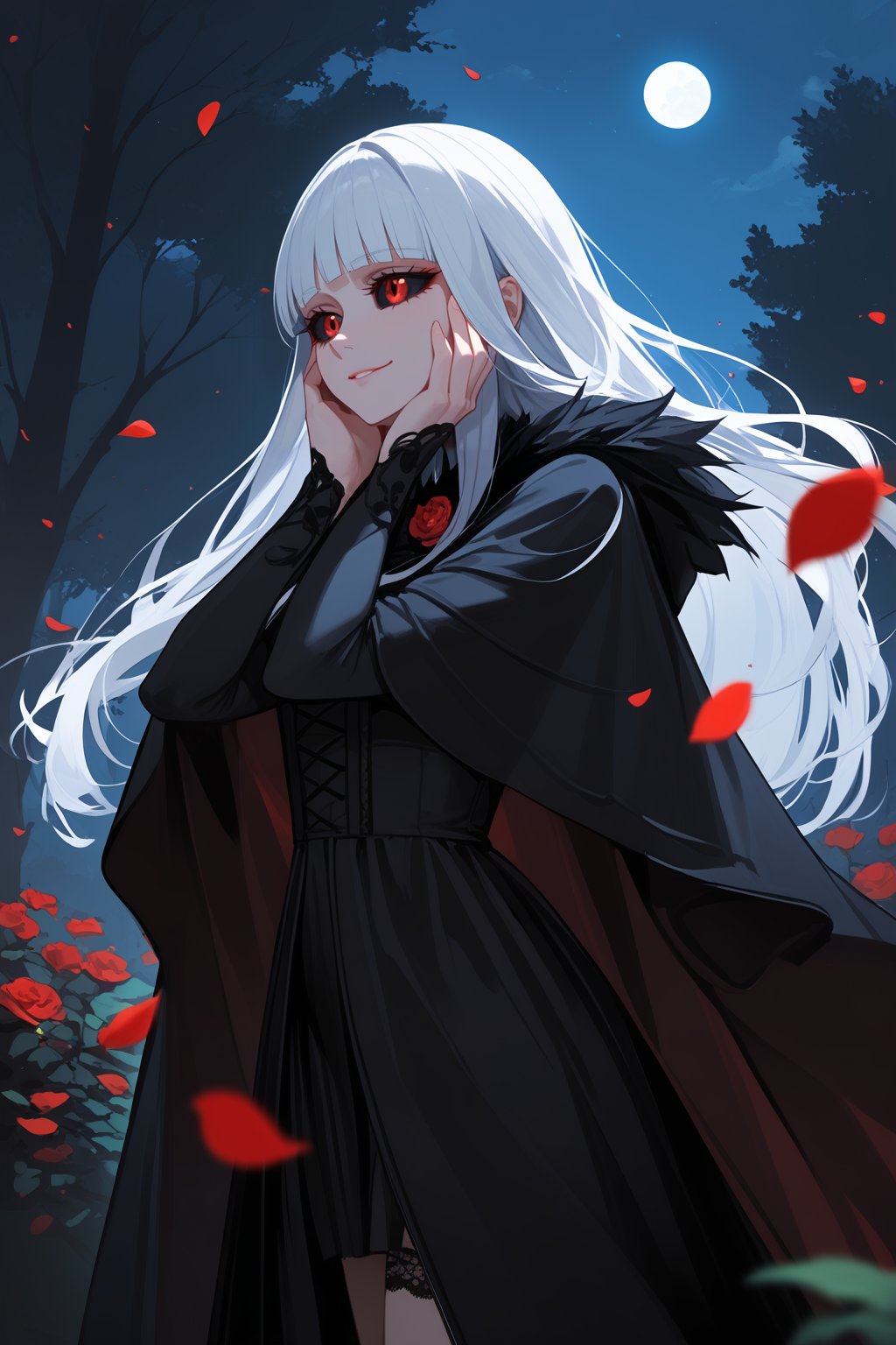 score_9, score_8_up, score_7_up, 1girl, creepy smile, white hair, long hair, blunt bangs, red eyes, black sclera, outdoors, garden, black lace lingerie, black fur cloak, flowing cloak, wind, trees, branches, floating petals, night, hands on face, yandere trance