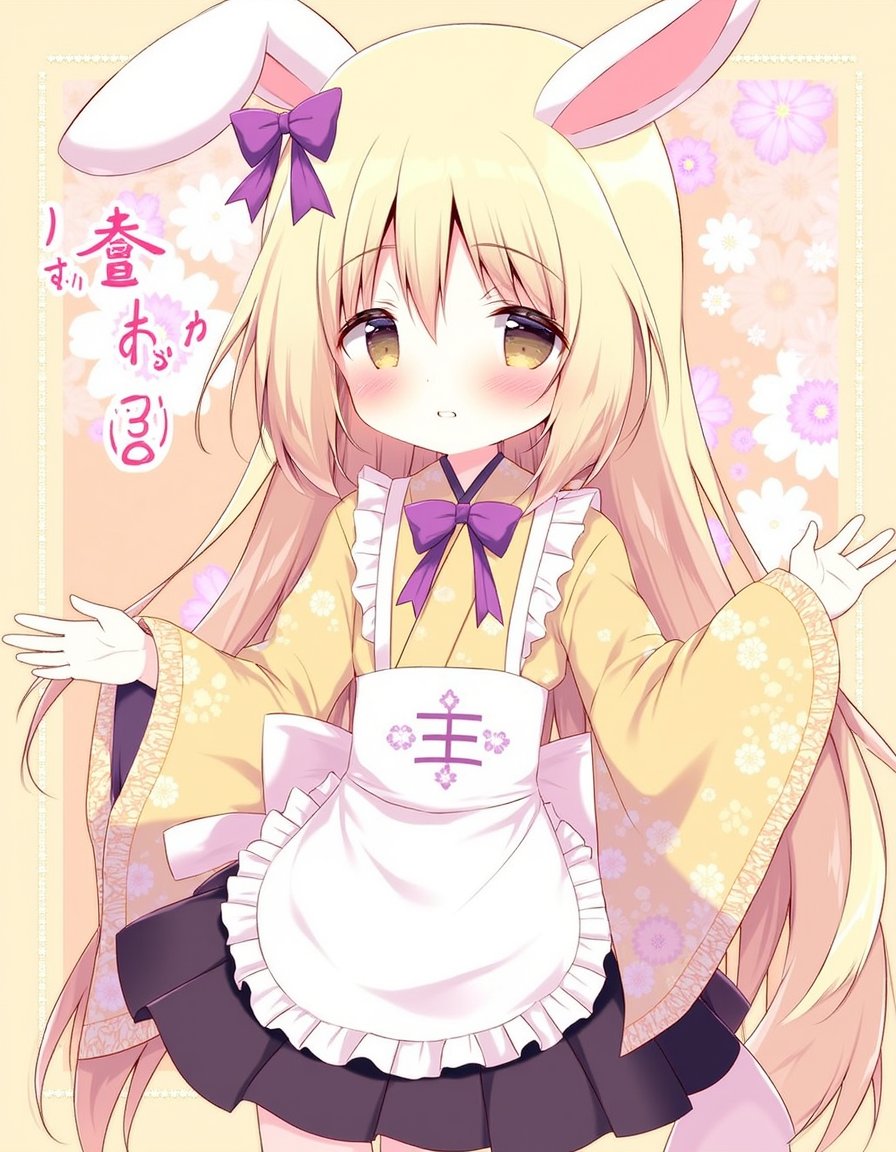 shiratama_(shiratamaco), commentary_request, highres, translation_request, 1girl, 2023, animal_ears, apron, black_skirt, blonde_hair, bow, brown_eyes, chinese_zodiac, floral_background, floral_print, frilled_apron, frilled_skirt, frills, hair_between_eyes, hair_bow, hand_up, japanese_clothes, kimono, long_hair, long_sleeves, looking_at_viewer, one_side_up, pleated_skirt, print_kimono, purple_bow, rabbit_ears, skirt, solo, very_long_hair, white_apron, wide_sleeves, year_of_the_rabbit, yellow_kimono, momose_mitsuki, amairo_chocolata, year_2023,, <lora:flux-Shiratamaco-000006:1>