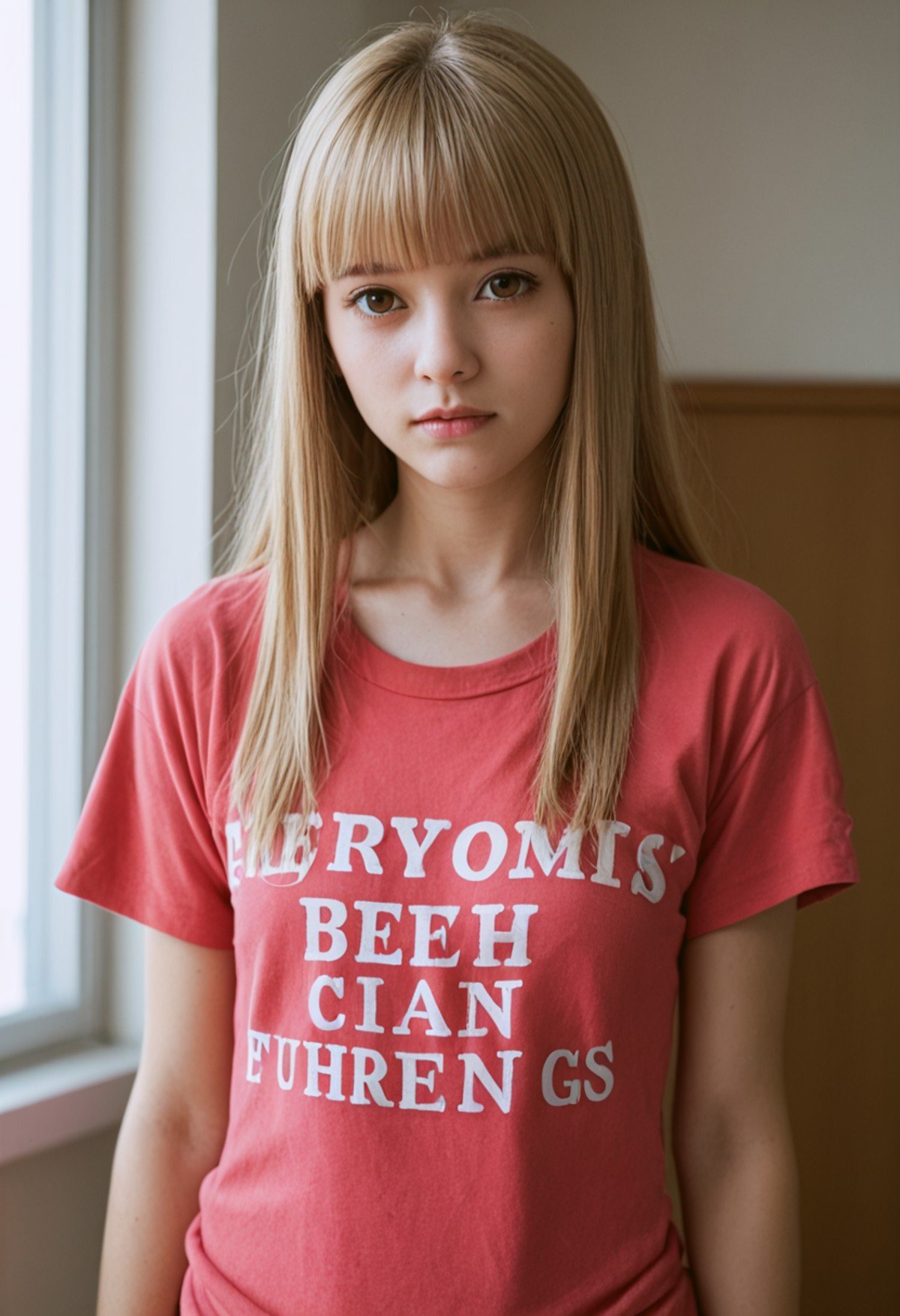 score_9, score_8_up, score_7_up, score_6_up, BREAK , source_real, raw, photo, realistic BREAK 1girl, solo, long hair, bangs, blonde hair, brown hair, shirt, brown eyes, standing, collarbone, short sleeves, cowboy shot, indoors, blunt bangs, bottomless, t-shirt, red shirt, clothes writing, pink shirt, shirt tug