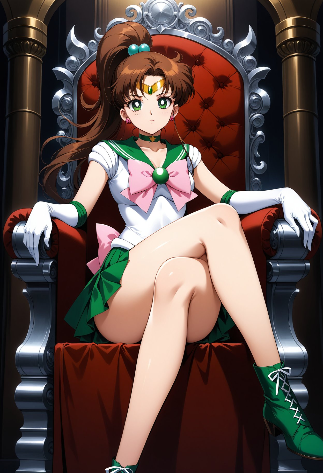 (masterpiece, best quality, very aesthetic, ultra detailed), intricate details, 4k, aajupiter, long hair, brown hair, ponytail, hair bobbles, tiara, earrings, green eyes, green choker, green sailor collar, pink bowtie, white shirt, elbow gloves, white gloves, green skirt, pleated skirt, bare legs, <lora:sailor_jupiter_animaginexl_v2:0.9>, sitting, throne, indoors, crossed legs, boot, green footwear,