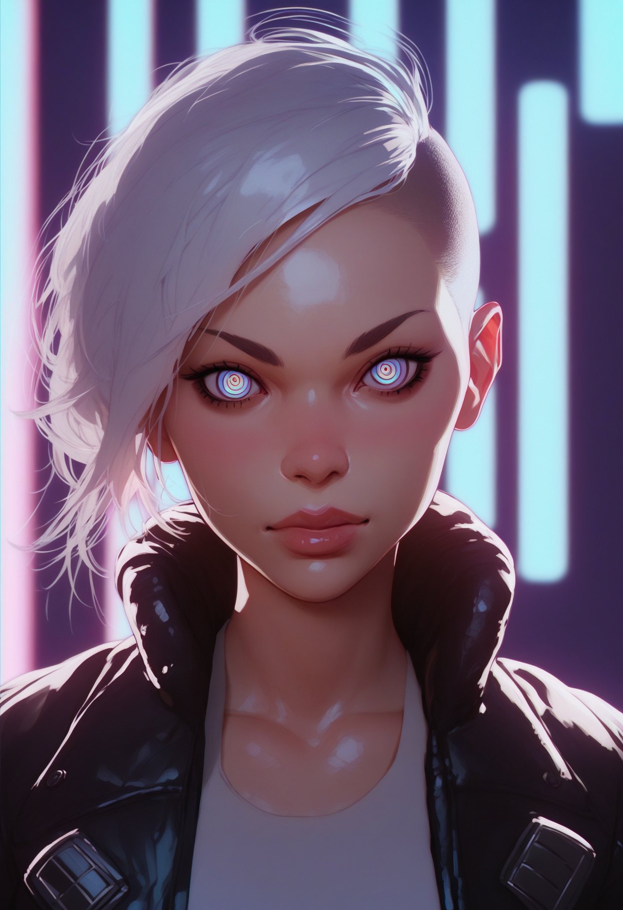 score_9, score_8_up, score_7_up, score_6_up, score_5_up, score_4_up, scifi futuristic woman looking at viewer, white hair, undercut hair, ringed eyes, portrait, neon lighting, wearing jacket and tank top  <lora:KuvshinovLycoXL:1>