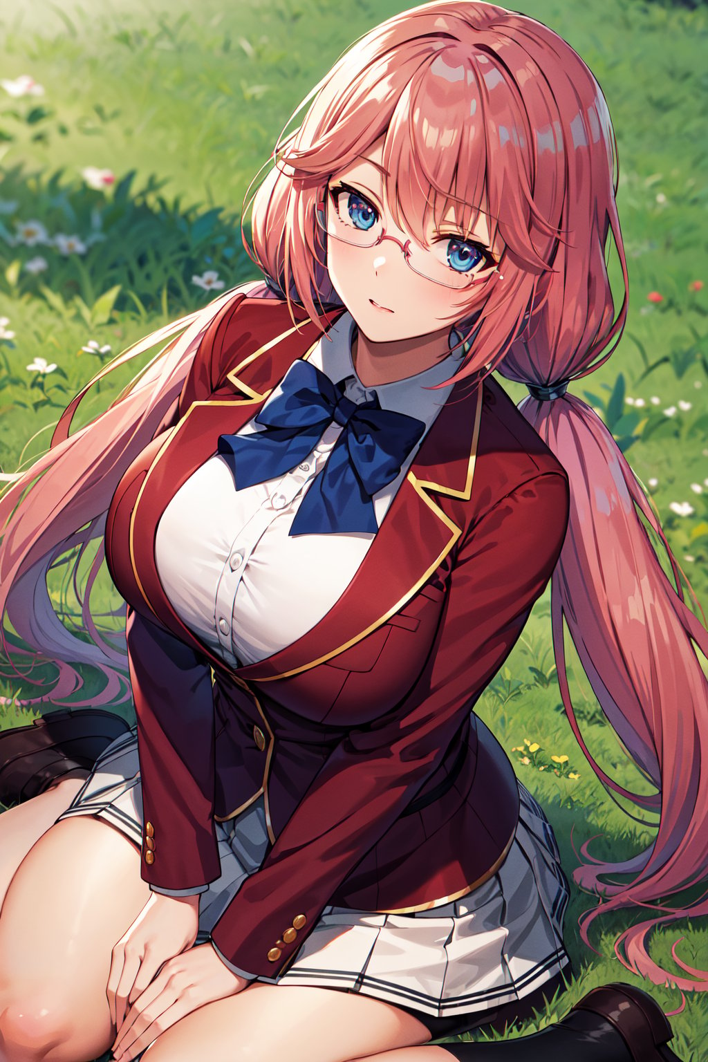 masterpiece, best quality, highres, 1girl, solo, long hair, pink hair, low twintails, blue eyes, glasses, large breasts, school uniform, blue bowtie, blazer, red jacket, long sleeves, white skirt, <lora:sakura_airi_v1:0.7>, wariza, filed, grass, outdoors