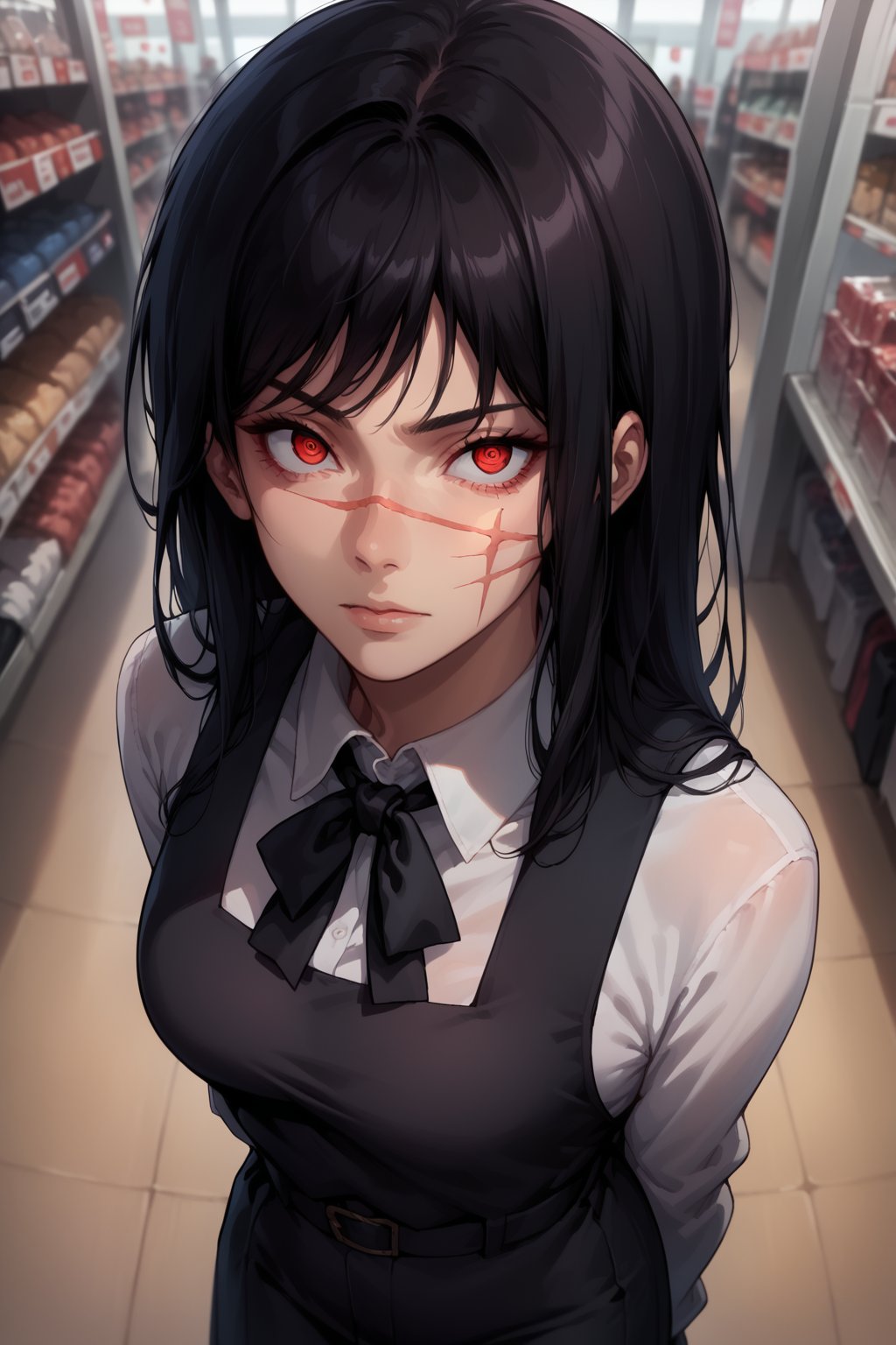 score_9, score_8_up, score_7_up, 1girl, solo, aged_up, looking at viewer,<lora:Yoru_Chainsaw-Man_Pony-000008:1>, yoru, scar on face, red eyes, ringed eyes, black hair, long hair, black ribbon, black pinafore dress, from above, standing in a store, depth of field, fisheye lens, arms behind back