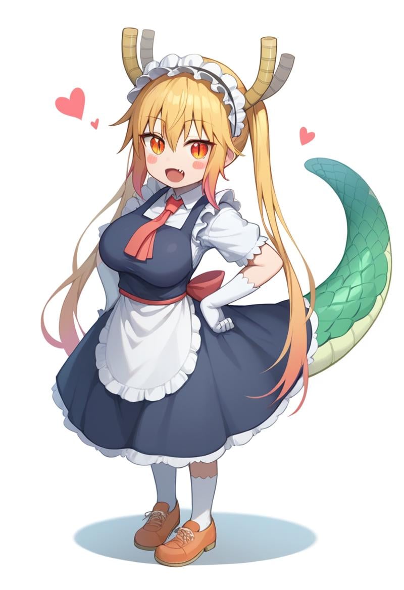 score_9,score_8_up,score_7_up, <lora:tohru_(maidragon)_pony:1>，fang, tohru_\(maidragon\), shoes, skirt, 1girl, dragon_girl, solo, looking_at_viewer, gloves, full_body, chibi, commentary_request, red_necktie, open_mouth, large_breasts, blush_stickers, scales, hands_on_own_hips, maid_headdress, white_background