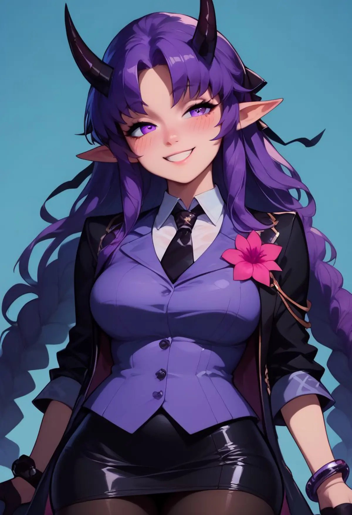 score_9, score_8_up, score_7_up, pretty girl, vivid bright colors, highly sexual poses, pinup art, patHibiscus, long hair, purple hair, braid, pointy ears, horns, black necktie, purple shirt, black jacket, open clothes, pink flower, long sleeves, bracelet, black gloves, half gloves, black skirt, black pantyhose, smile, blush, horny,