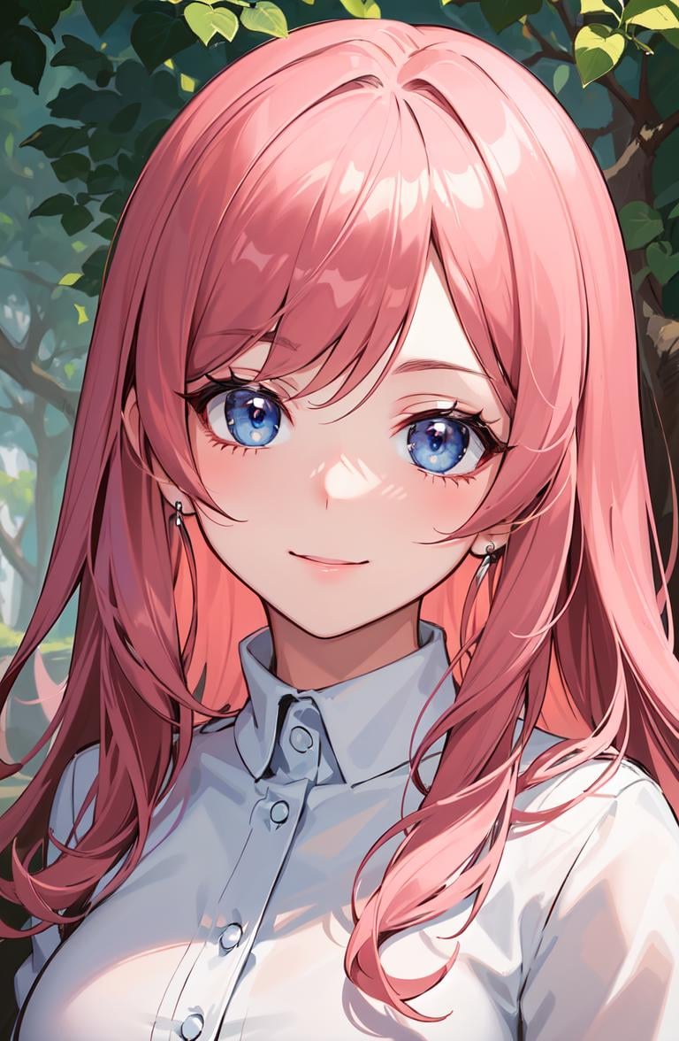 masterpiece, best quality, ultra-detailed, illustration, 1girl, ((looking at viewer)),  closeup, smile, outdoors, pink hair,blue eyes