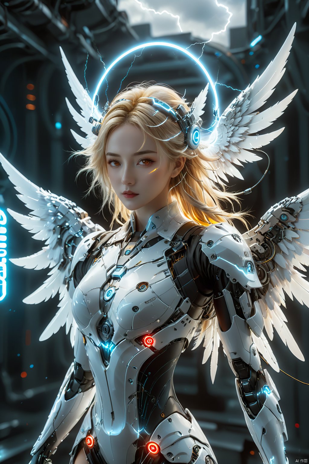 cyberpunk art,fantasy art,1girl,angel,angel wings,white theme,(winding lightning:1.2),mechanically constructed body,extremely complex mechanical structures,white skin,white wings,bright picture,red eyes,electricity,breasts,realistic,looking at viewer,blonde hair,mechanical wings,red eyes,a glowing halo above one's head,masterpiece,best quality,ultra-detailed,very detailed illustrations,extremely detailed,intricate details,highres,super complex details,extremely detailed 8k cg wallpaper,cowboy shot,reflections,ray tracing,dark aura,cyber effect,mecha girl parts,robot joints,single mechanical arm,(angel's halo),mechanical halo,intricate mechanical bodysuit,mecha corset,(transparent plastic armor),very long hair,hair between eyes,multicolored hair,colored inner hair,random expressions,random action,dynamic pose.true-to-life feathers,This female character possesses a body constructed entirely of intricate mechanical components,the complexity and finesse of which are truly awe-inspiring. Her skin is flawlessly white,and she unfurls a pair of pure white wings behind her back,adorned with a winding lightning pattern that is rendered at 1.2 times the standard density,creating a striking visual impact. These wings not only embody mechanical architecture but are also depicted with such lifelike detail that they resemble genuine feathers.,She boasts ruby-red eyes that gleam with the kinetic energy of flowing electricity,directly engaging the viewer. Her golden locks shine brightly as they flow in the wind,with several strands naturally cascading down between her eyes. She sports a single mechanical arm,its joints meticulously designed with a distinct cyberpunk aesthetic.,Her head is adorned with a halo composed of similar mechanical parts,softly emitting light,further enhancing her portrayal as a mechanical angel., scenery, composed of elements of thunder,thunder,electricity<lora:EMS-349481-EMS:0.800000>, <lora:EMS-50388-EMS:0.300000>, <lora:EMS-343153-EMS:0.800000>