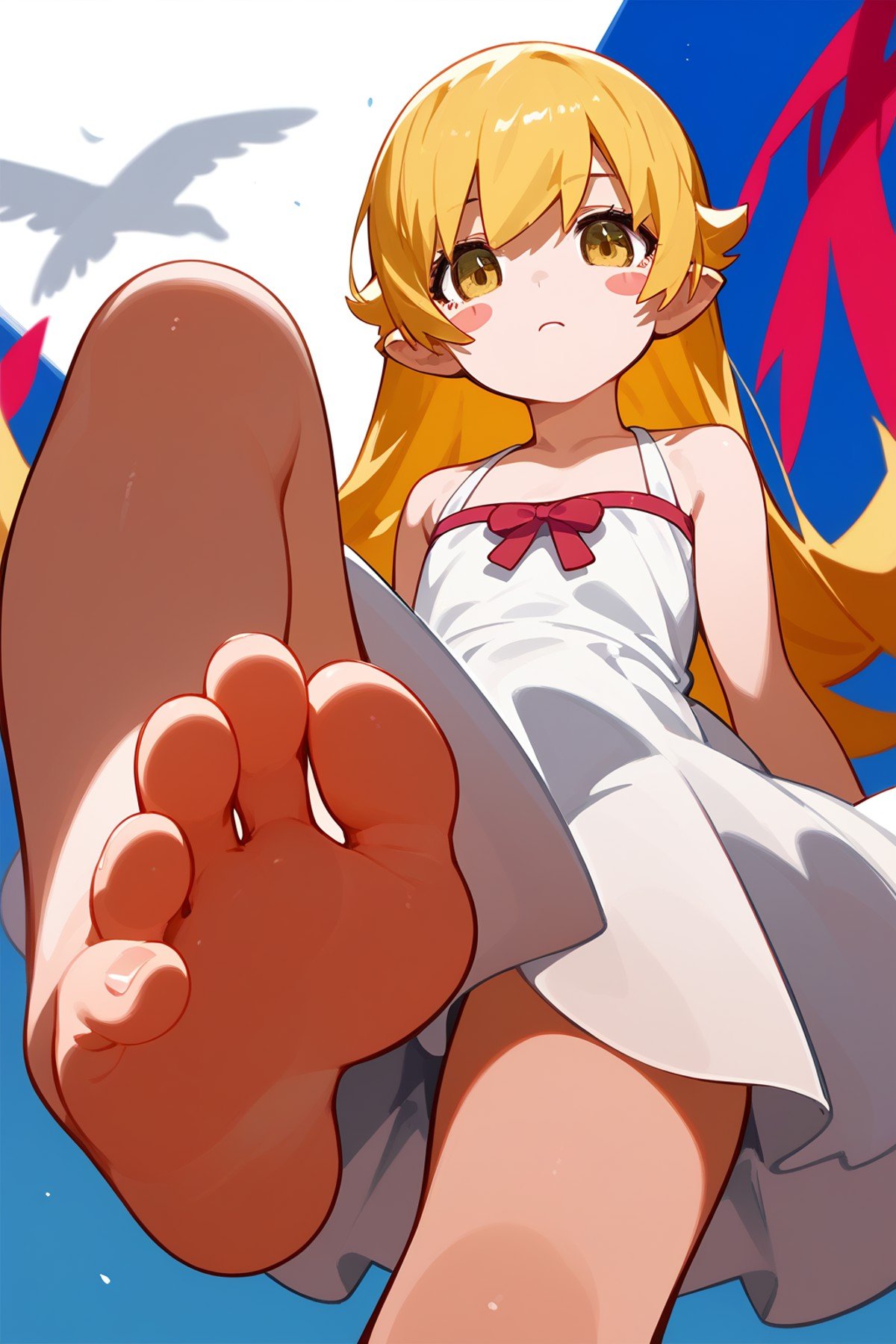 (score_9,score_8_up,score_7_up,),<lora:shinobu:0.9>,oshino shinobu,long hair,solo,blonde hair,yellow eyes,pointy ears,dress,white dress,blush stickers,bare shoulders,upskirt,barefoot,foot focus,