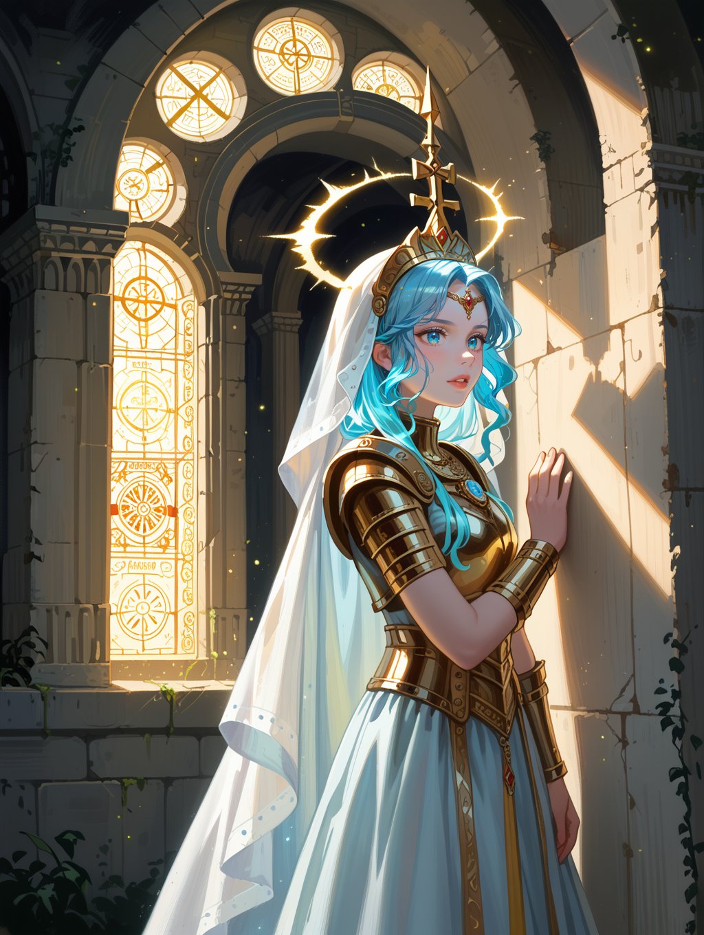 score_9, score_8_up, score_7_up,(A female spectral knight emerging from the ruins of an ancient cathedral, their armor glowing with ghostly blue flames, depicted in a style with low-key lighting, ethereal glow, decayed stone textures:1.1), BREAK (A vivid gold-painted icon of a saint on an intact section of a wall, illuminated by the faint flickering of spectral lights, set against the backdrop of a crumbling cathedral:1.4), (art by Gainax:1.4), (elaborately detailed attire with extraordinary elements and headdress:1.1), 