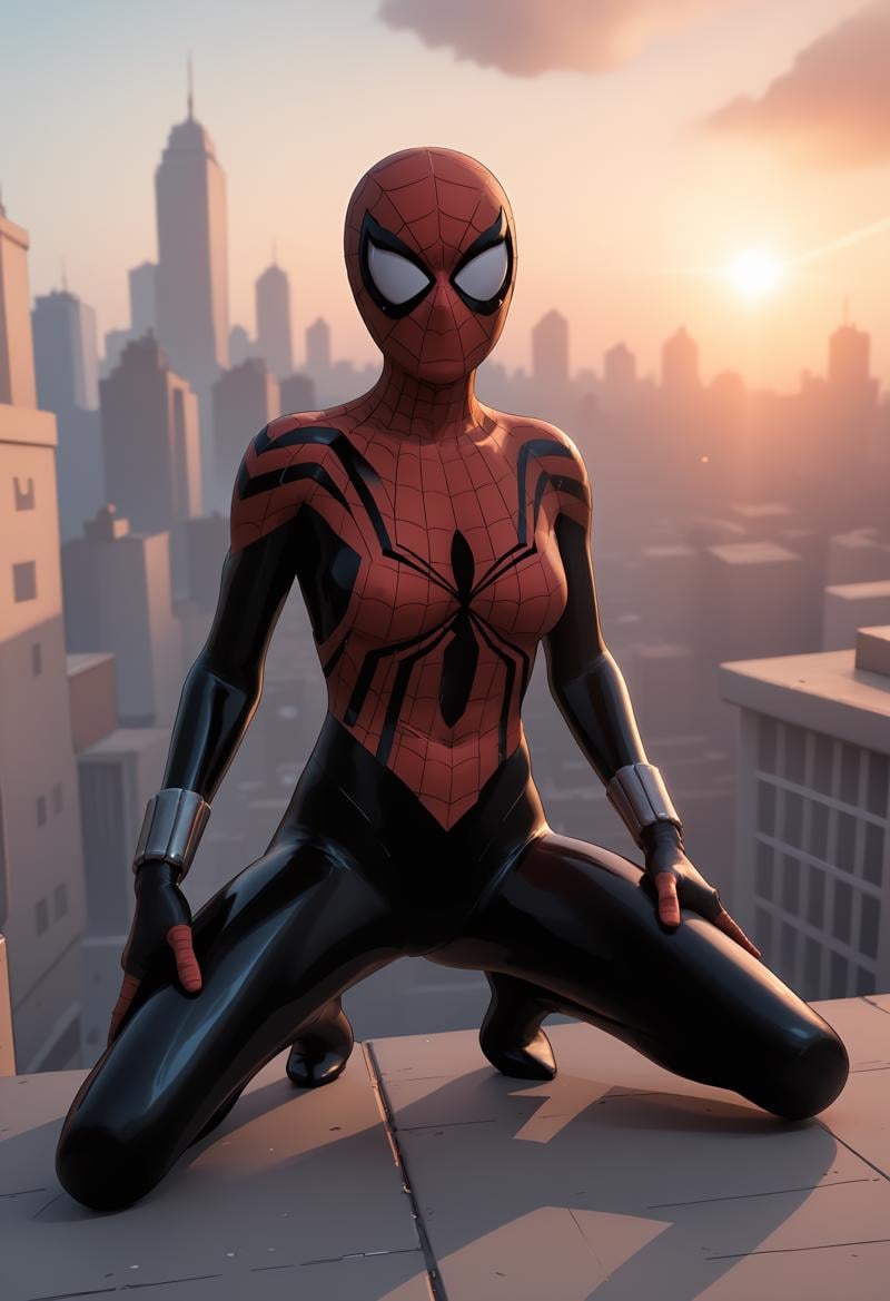 score_9, score_8_up, score_7_up, score_6_up, score_5_up, score_4_up, 1girl, <lora:SpiderGirl:0.85> superhero, medium breasts, bodysuit, spider web print, mask, spider webs, (city background), on rooftop, blurry background, sky, clouds, 3d, render, 