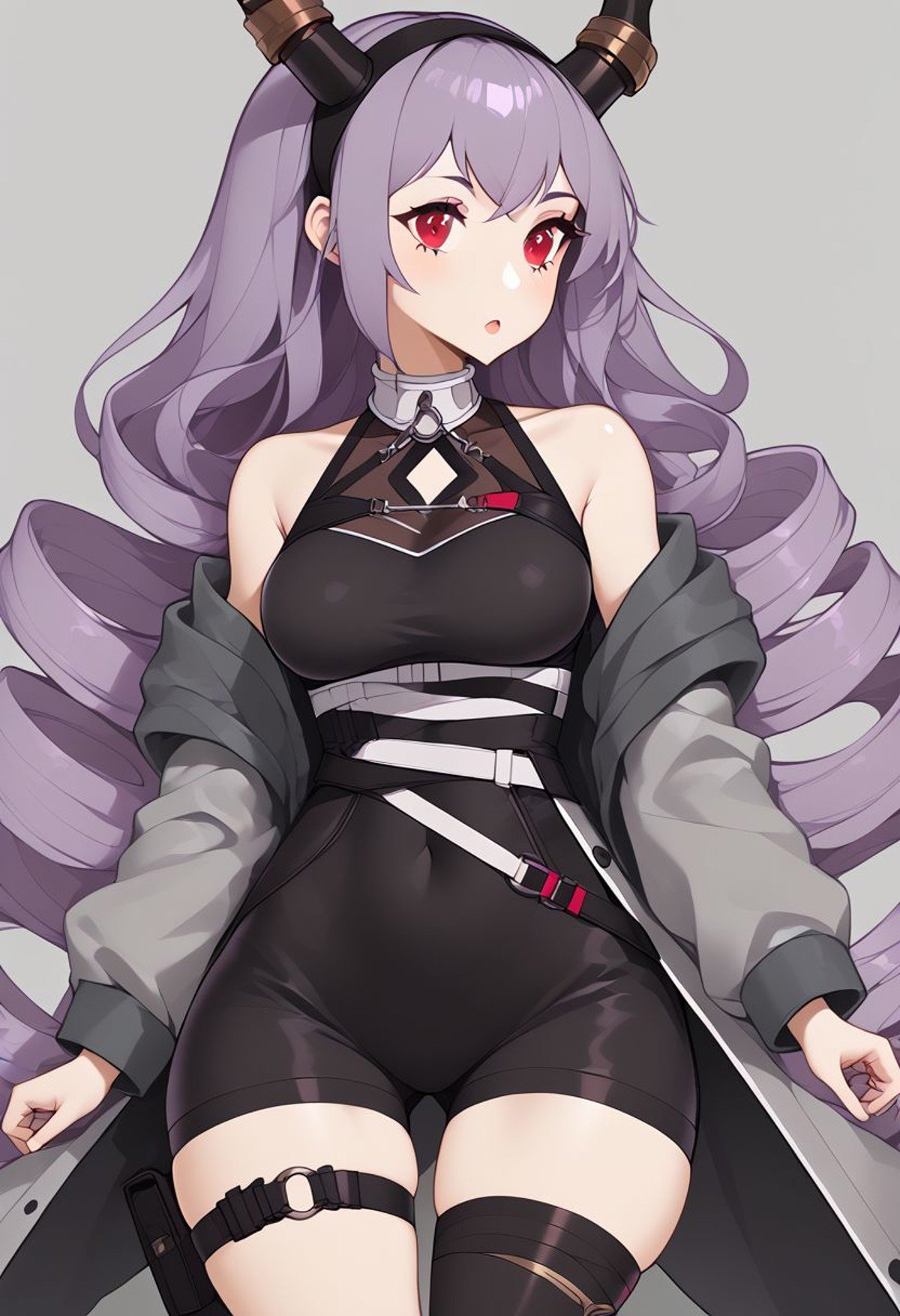 score_9, score_8_up, score_8, medium breasts, (curvy), cute, eyelashes,  zzNill, BREAK,patTyphon, very long hair, purple hair, sidelocks, drill hair, twin drills, red eyes,  black hairband, horns, open coat, grey coat, long sleeves, sleeveless shirt, black shirt, clothing cutout, bare shoulders, belt, buckle, covered navel, black leotard, black shorts, thigh strap, thigh belt, asymmetrical legwear, single thighhigh, black thighhighs, socks, grey footwear,wide hips, narrow waist,