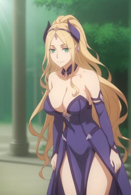 score_9, score_8_up, score_7_up, source_anime, solo, 1girl, looking at viewer, cowboy shot, <lora:HDxDHeroPdxlDwnsty-000004:1>, Elsha, green eyes, long hair, ponytail, blonde hair, purple dress, hair ornament, detached sleeves, strapless, detached collar, smile, large breasts, skindentation,school yard, outdoors, sunlight, tree,