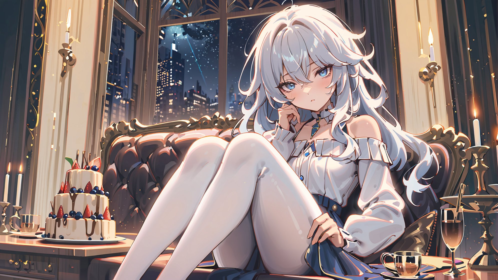 masterpiece,bestquality,onnk,line art,line style,indoors,sofa,window,dessert,baverage,night,2girls ADDBASE1girl,blue eyes,white hair,long hair,hair between eyes,medium breasts,white shirt,button,long sleeves,black pantyhose,light blush,seductive smile,half-closed eyes,looking at viewer,pov,sitting on sofa,knees up,head rest ADDCOL1girl,blue eyes,white hair,long hair,hair between eyes,small breasts,messy hair,bags under eyes,off-shoulder sweater,long sleeves,white pantyhose,expressionless,light blush,:<,half-closed eyes,looking at viewer,pov,sitting on sofa,knees up,holding phone,