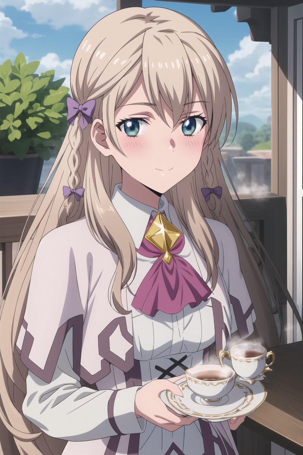 masterpiece, best quality, 1girl, blush, cup, solo, teacup, smile, collared shirt, capelet, long hair, holding, upper body,  tea, holding cup, looking at viewer, steam,<lora:SionV2512:1> , <lora:add_detail:0.1>, outdoors,