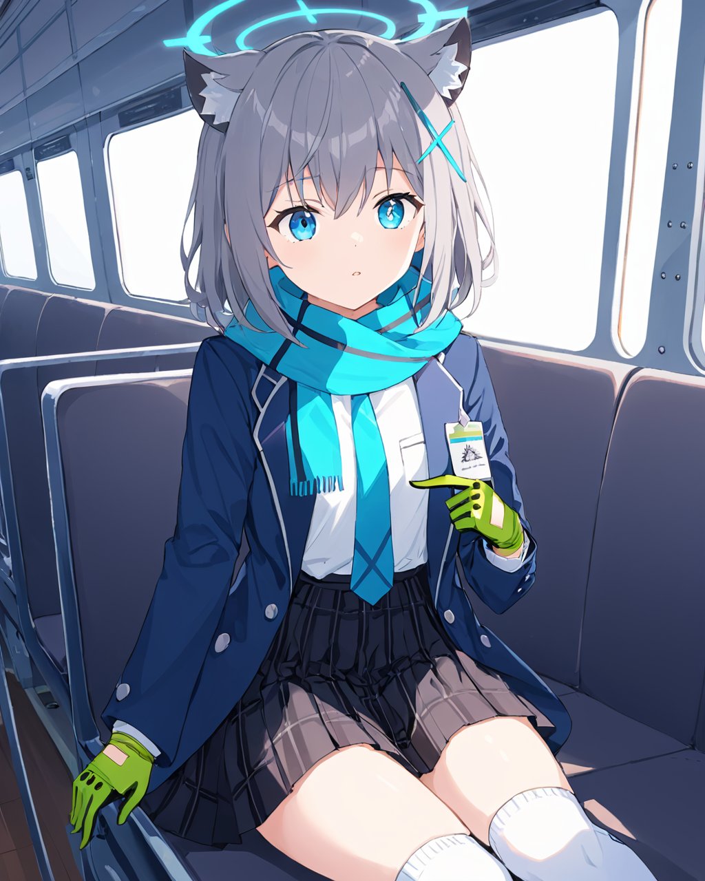 shiroko_\(blue_archive\),1girl, solo, green_gloves, white_shirt, train_interior, looking_at_viewer, hair_ornament, blue_scarf, mismatched_pupils, blue_jacket, open_jacket, sitting, animal_ear_fluff, pleated_skirt, halo, long_sleeves, school_bag, plaid_skirt, parted_lips, school_uniform, white_socks, black_skirt, single_glove, blue_necktie, pointing, blazer, index_finger_raised<lora:shiroko_(blue_archive)_image1930_2023-11-18_spv-000030:1>. gorgeous,key visual, vibrant, studio anime,award-winning, professional, highly detailed,high budget, cinemascope