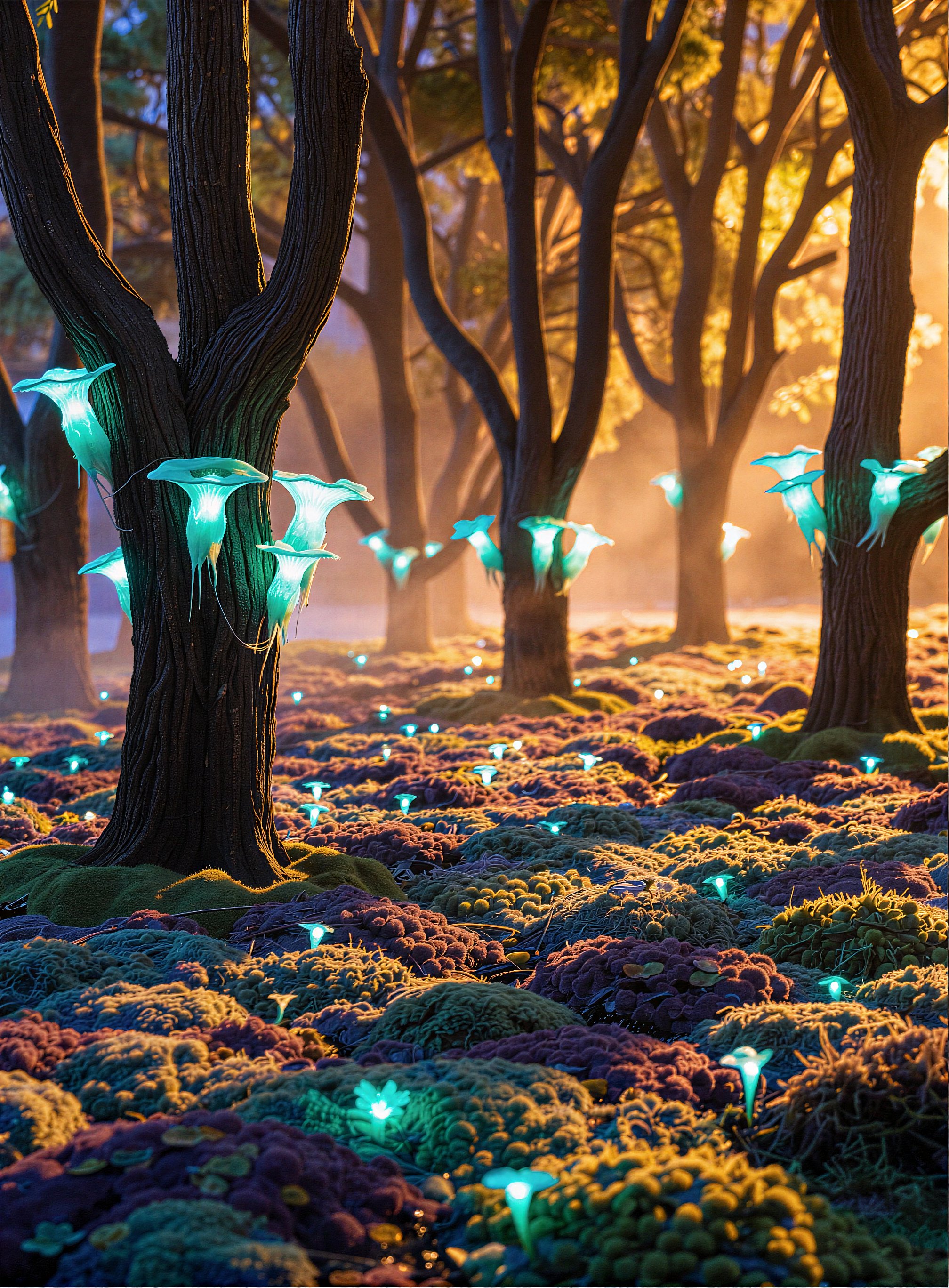 A serene twilight landscape unfolds in a bio-luminescent forest,  where towering trees with gnarled bark form a dense cano...