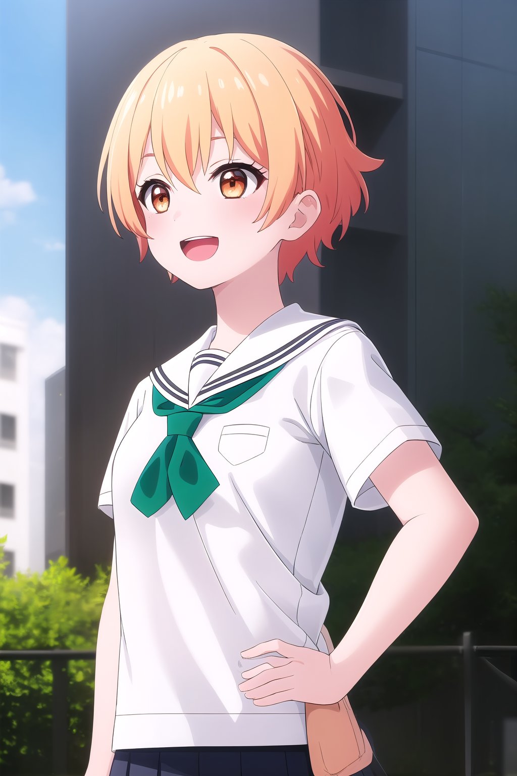 (masterpiece, best quality), highly detailed background, perfect lightingbest quality, saginumariko, solo, outdoors, building, school, blonde hair, orange hair, hair between eyes, streaked hair, short hair, orange eyes, small breasts, white serafuku, white shirt, white sailor collar, green neckerchief, short sleeves, black skirt, pleated skirt, school uniform, smile, open mouth, :d, <lora:Saginuma-Riko:0.7>