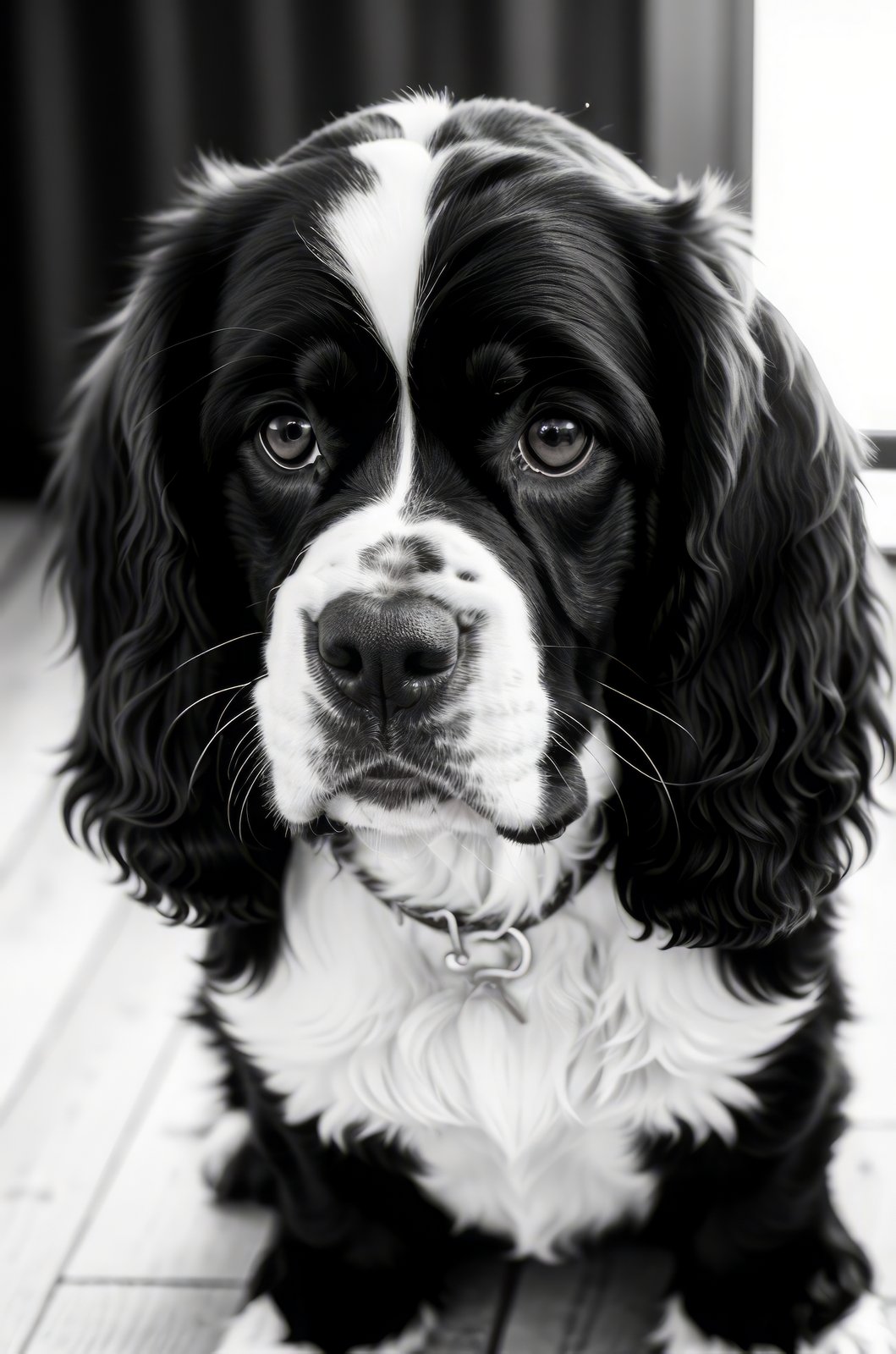 (black and white english cocker spaniel), solo, backlight, (close up:1.2), 3 point lighting