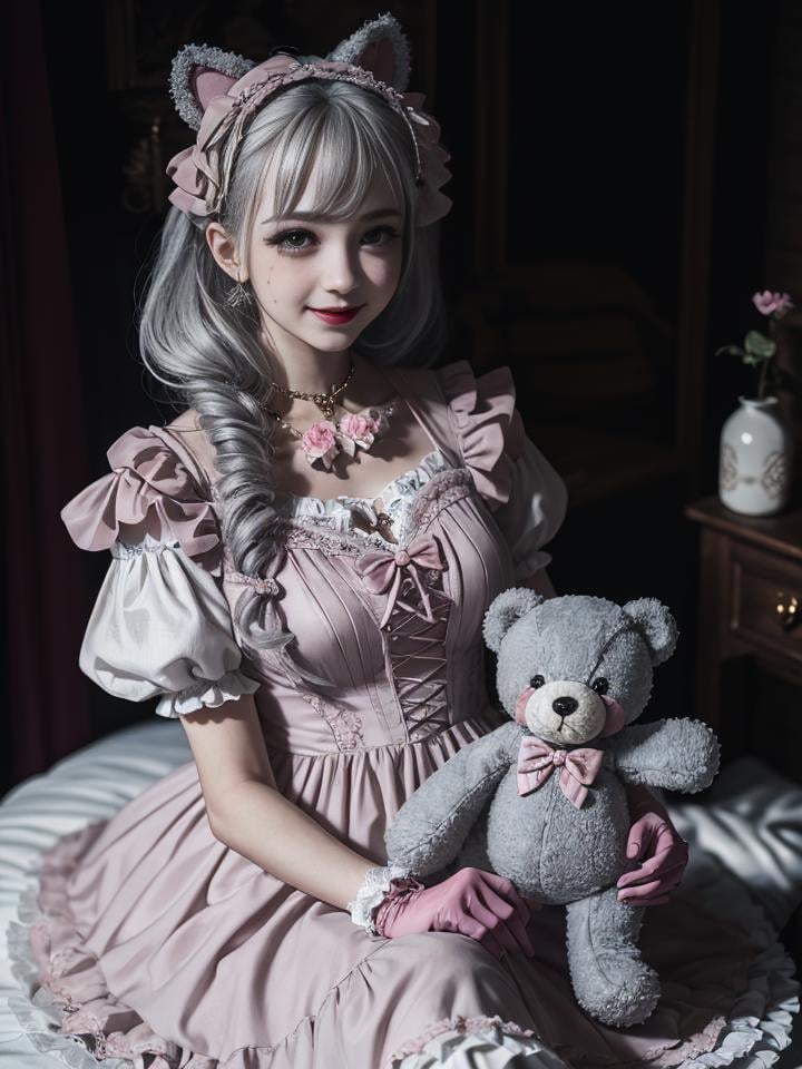 1girl, photo, masterpiece, sweetlolita at bedroomgothic gothic interior, silver curly hair, pink gown fabric, heart shape on cheek, blush pink makeup, gloves, smile, pastel color, ornate, broderry, holding stuffed teddy bear, bokeh,  <lora:ARWSweetLolita:1>  <lora:ARWBedroomGothic:0.4>