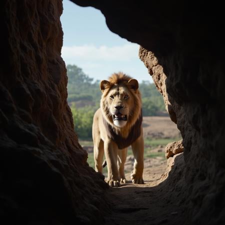 cinematic film still of In the African jungle a mature lion walking through a cave in the wilderness,  realistic,  realism...