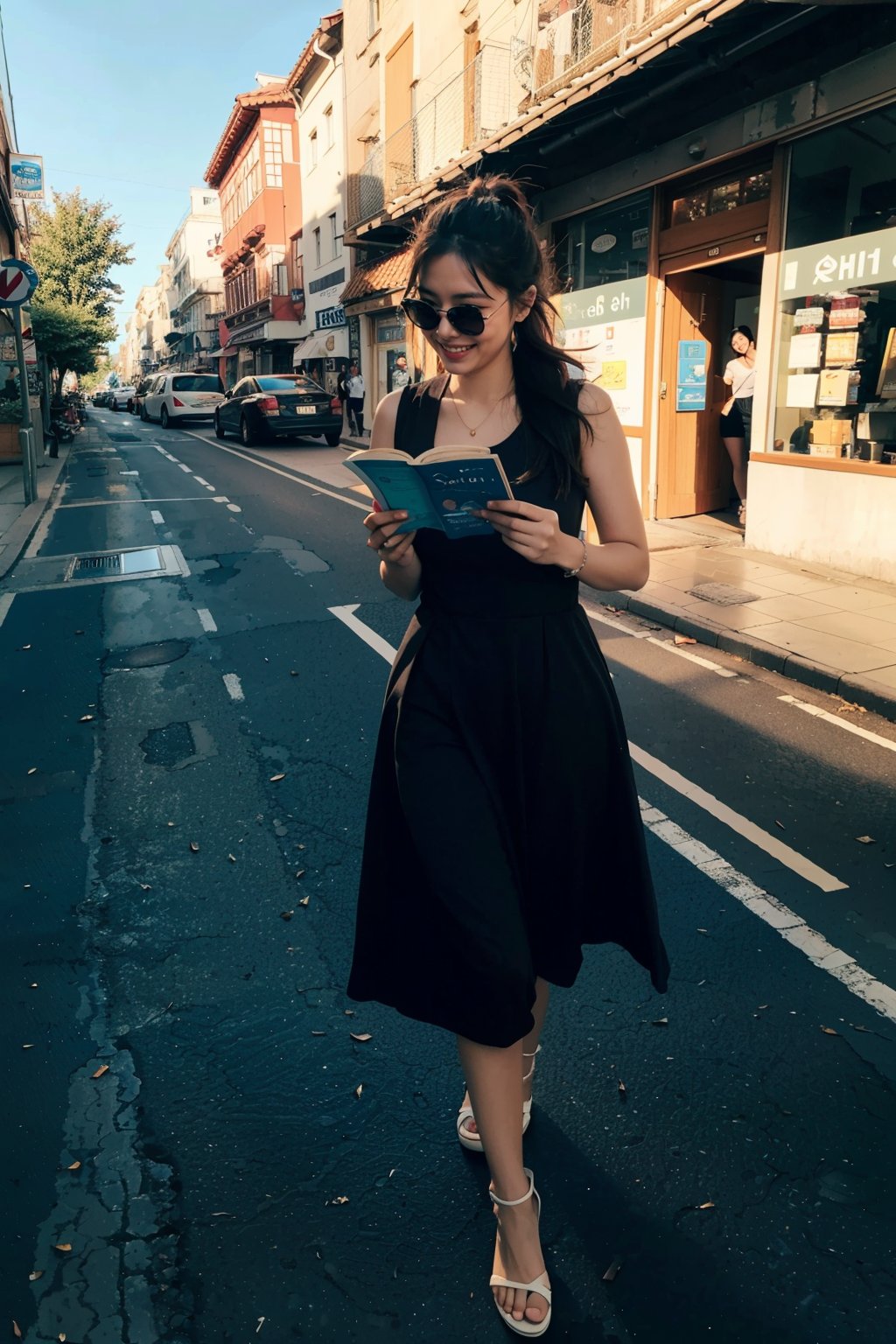 1 girl,whole body,in the busy street,afternoon,sunshine,a hand shade light,look at the reader,sweet smile,