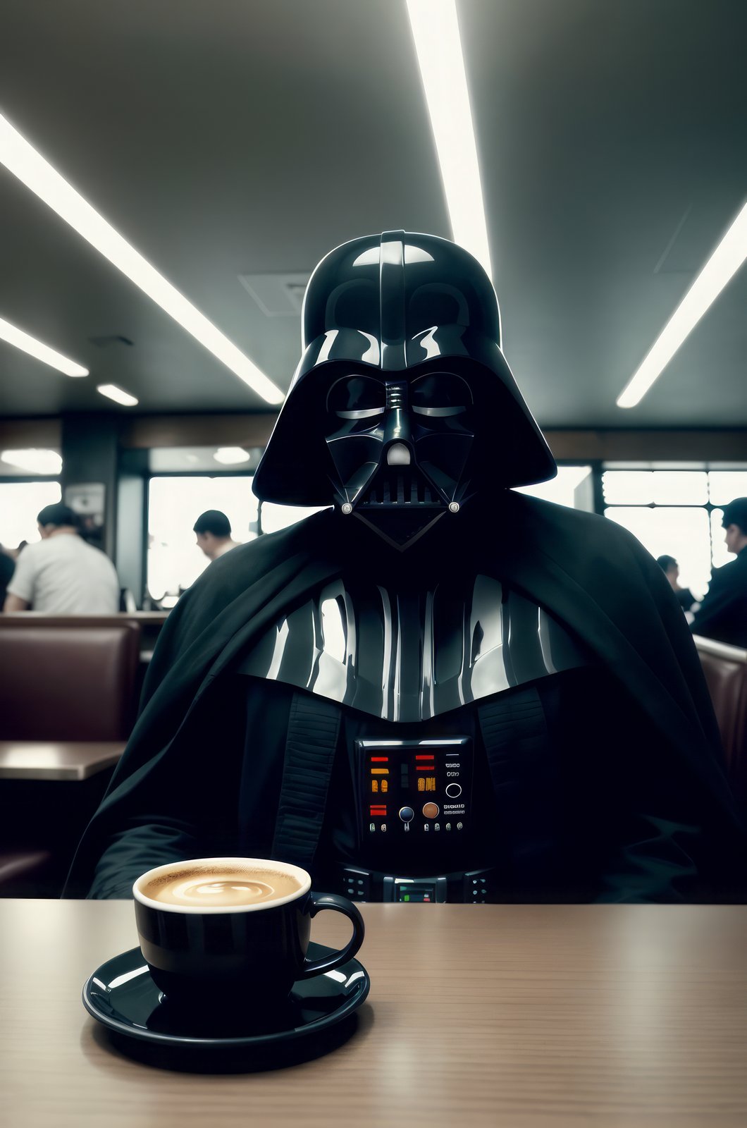 A photo of a Darth Vader sitting in a busy old diner, coffee cup in front of him, photorealistic, cinematic lighting, dark atmosphere, volumetric lighting, action pose, epic scene, lots of fine detail, movie style, photography, natural textures, natural light, natural blur, photorealism, cinematic rendering, ray tracing, highest quality, highest detail, Cinematic, Blur Effect, Long Exposure, 8K, Ultra-HD, Natural Lighting, Moody Lighting, Cinematic Lighting, hyper-realistic, vibrant, 8k, detailed, ultra detail, soothing tones, muted colors