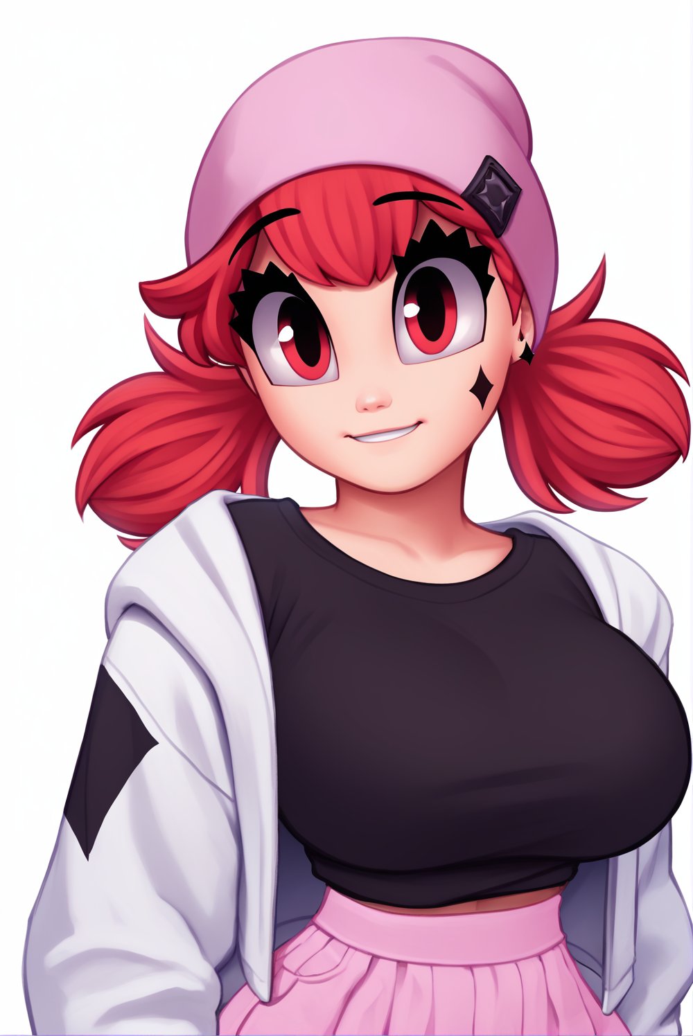 Score_9, Score_8_up, score_7_up, score_6_up, 1girl, solo, looking at viewer, smile, 3vinyl3, red hair, twintails, red eyes, single face tattoo, large breasts, white hoodie, black shirt, pink skirt, light smile, ((white background)), pink beanie<lora:EMS-373768-EMS:1.000000>