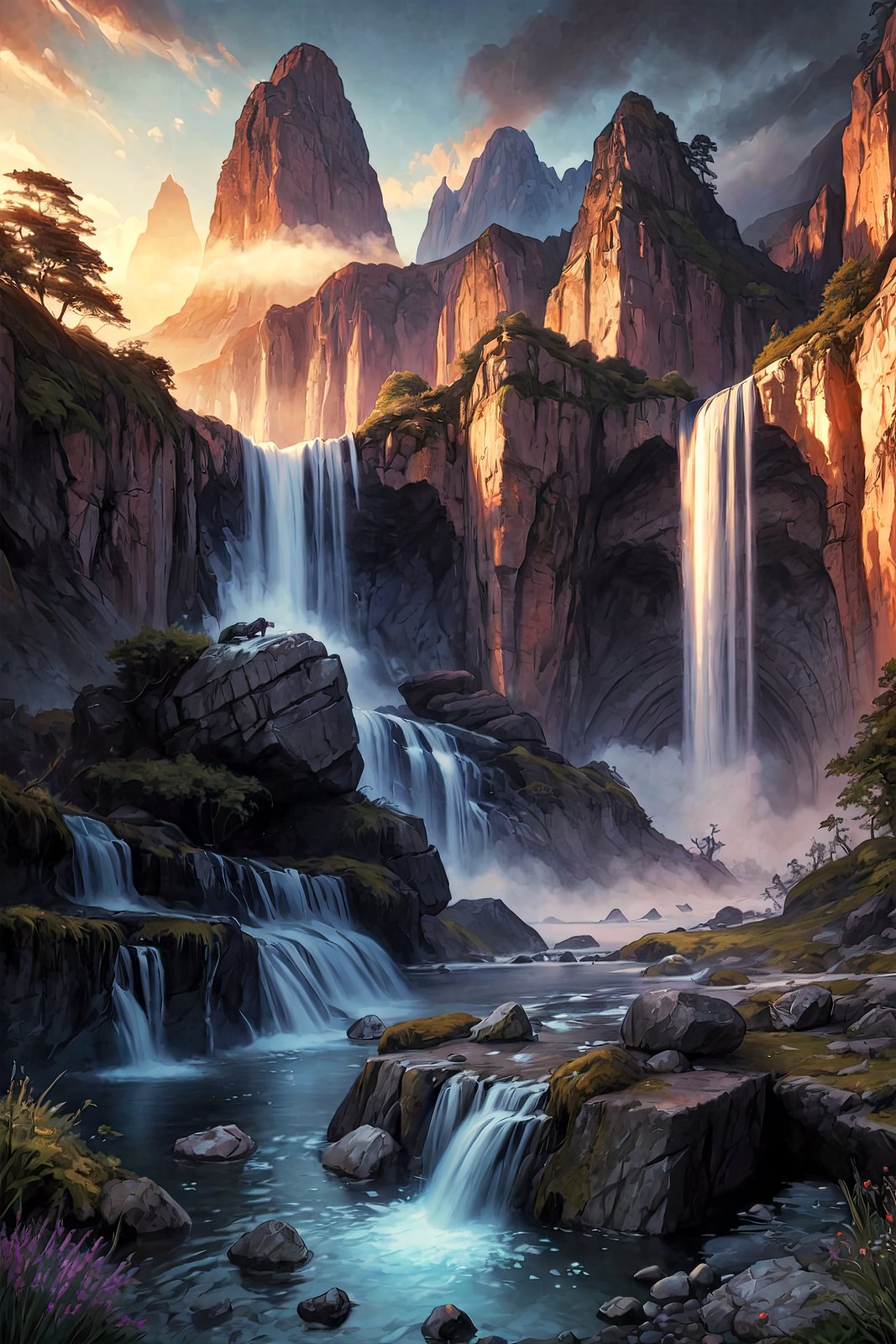 masterpiece, (best quality:1.2), hdr, intricately detailed, magnificent, maximum details, extremely hyper aestheticancient sacred waterfall with mystical energy and glowing mistdream scenery art, landscape, dreamlike digital painting, colourful painting, beautiful gorgeous digital art