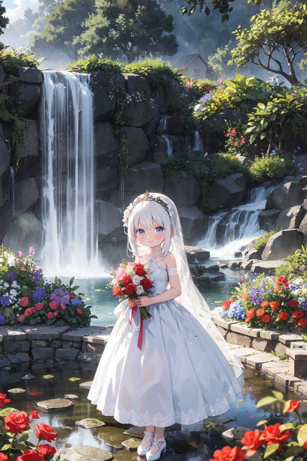 masterpiece,best quality,(ray tracing,cinematic lighting),sunlight, 1girl, (loli),(child),bare shoulders, white hair, veil, blue eyes, very long hair, (:3 ), bouquet, day, dress, flower, holding, holding bouquet, lake, looking at viewer, nature, outdoors, red flower, rose, solo, standing, tree, water, water drop, waterfall, wetsky, cloudy sky, building,