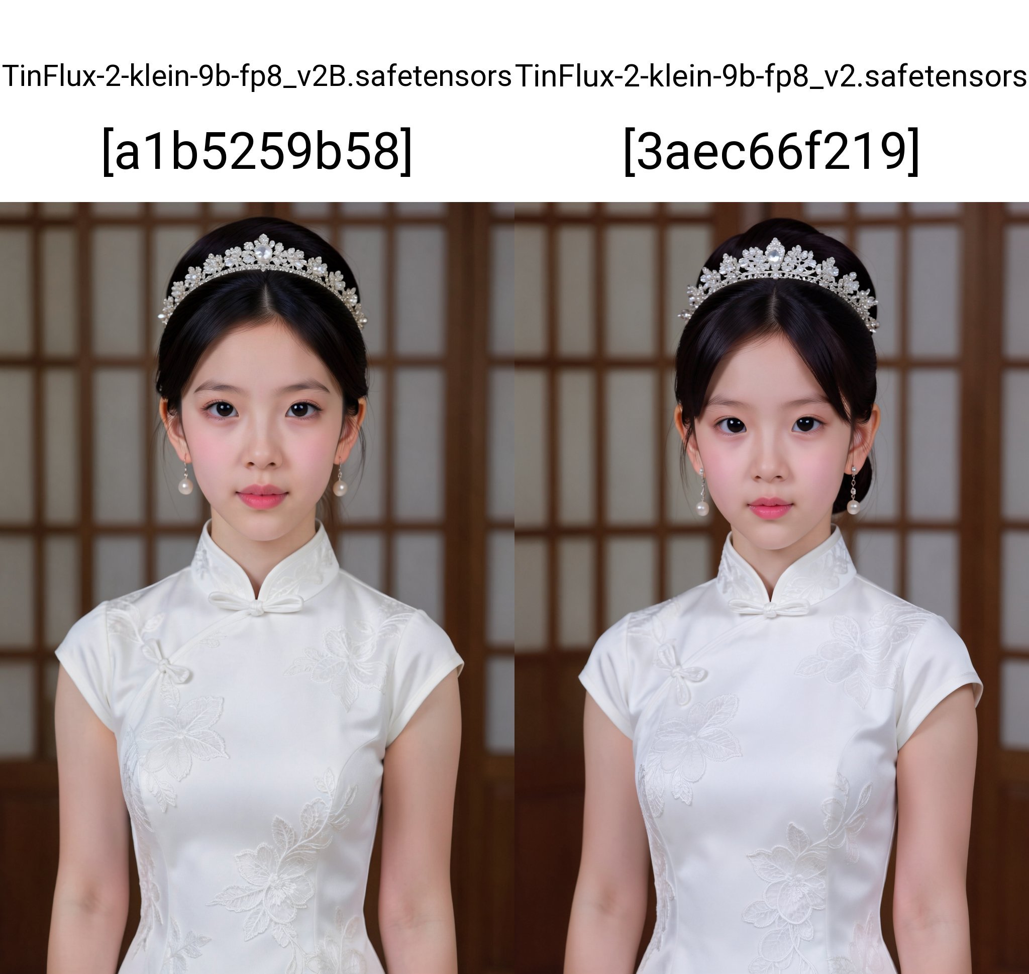 This is a photograph of an Asian woman with fair skin,  wearing a traditional white Chinese cheongsam dress adorned with i...