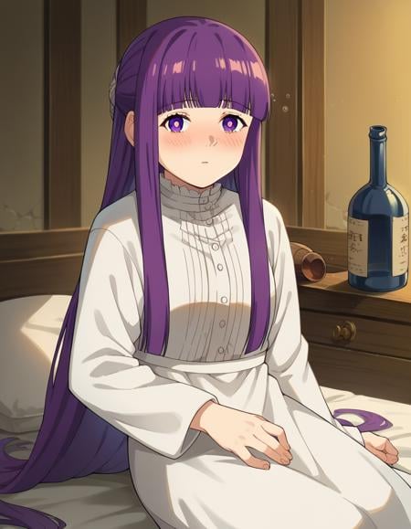 score_9, score_8_up, score_7_up, source_anime,fern, <lora:fern-s1-ponyxl-lora-nochekaiser:1>,fern, long hair, bangs, purple eyes, purple hair, sidelocks, blunt bangs, bright pupils, half updo,long sleeves, dress, white dress, long dress,indoors, bed, bed room, on side, blush, drunk,looking at viewer, cowboy shot, dutch angle,