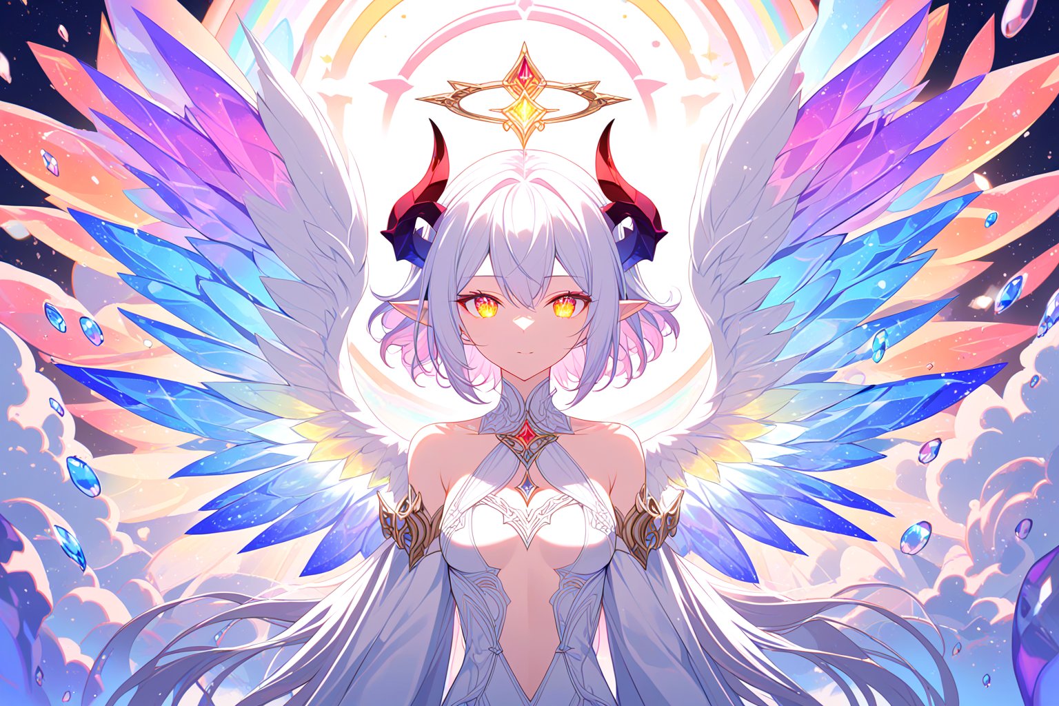 1girl,solo, portrait, upper body, close-up, eye focus,bubbles around, (lots of big colorful Bubbles:1.33), rainbow colors, colorful,iridescent long hair, iridescent horns, pointy ears,angel wings, glowing wings, alternative wings,small breasts, shapely breasts,(beautiful detailed eyes:1.1), symmetrical eyes, clean facial features, good posture,succubus, succubus demon, succubus body, demon girl, demon horns,halter dress, detailed white dress with decorations, detailed detached sleeves, jewelry, gem, crystal,beautiful art, ultra-detailed, (8k:1.1), (HDR:1.1), (sharp focus:1.1), (intricate:1.1),(beautiful and aesthetic:1.2), (very detailed background:1.1), (highly detailed background:1.1),symmetrical, octane render, 35mm, bokeh, 9:16,(intricate details:1.15), (hyperdetailed:1.15), (soft light:1.2), (sharp:1.2), detailed,(backlighting:1.1), (detailed light:1.1), detailed background, extremely detailed, highest detailed,Iridescence, depth of field, flat color, vector art, negative space, fantasy, high contrast, cinematic angle, cinematic lighting,newest, recent, masterpiece, best quality, normal quality