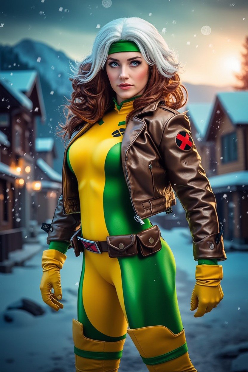 xrgmn woman costume green and yellow bodysuit cosplay, belt, jacket, gloves, brown and white hair, green hair band, Nalani, Phoebe,Northern village and midnight sun at background, Blustery with rain showers <lora:flux_events_Rogue_xrgmn_woman:1>