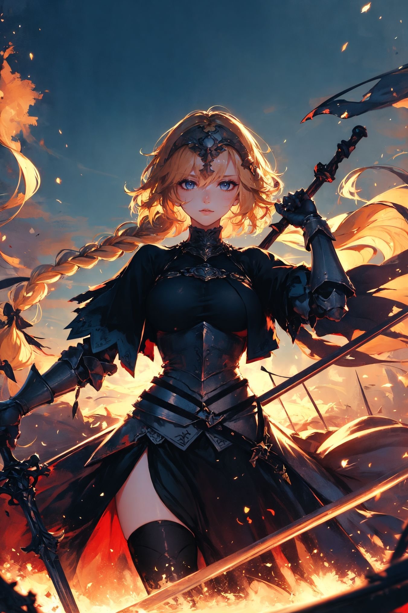 a stunning art,flowery,dynamic pose,centered,key visual,intricate,highly detailed,breathtaking beauty,precise lineart,vibrant,comprehensive,cinematic,xuer Jeanne D Arc,<lora:绪儿-黑贞德 xuer Jeanne D Arc:0.8>,