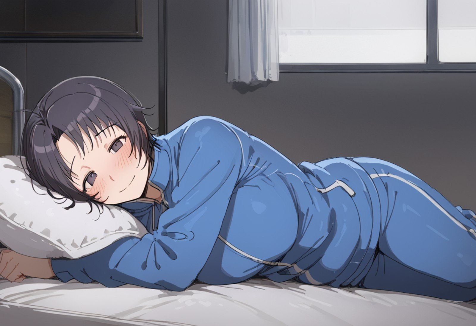 by mdf_an,by alp,by AGM,score_9,score_8_up, 1girl,mikage_aki,black hair,dark blue hair,large breasts,black eyes,dark purple eyes,lying,on bed,pillow,on side,track suit,track jacket,track pants,on side,look at viewer,embarrassed,smile,half-closed eyes,indoors<lora:mikage_aki-000018:0.9>