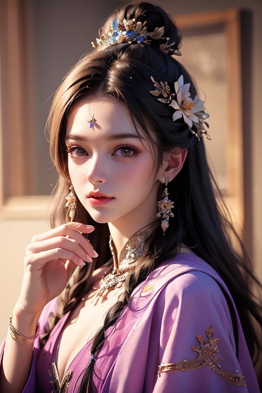 1girl, solo, jewelry, earrings, long hair, portrait, brown hair, hair ornament, looking at viewer, flower, purple eyes, realistic, lips, eyelashes, hand up, hair flower, flower earrings <lora:仙侠-000009:1>, ray tracing, (best quality), ((masterpiece)), (highres), original, extremely detailed 8K wallpaper, (an extremely delicate and beautiful), incredibly_absurdres, colorful, intricate detail, artbook, <lora:仙侠:0.8>