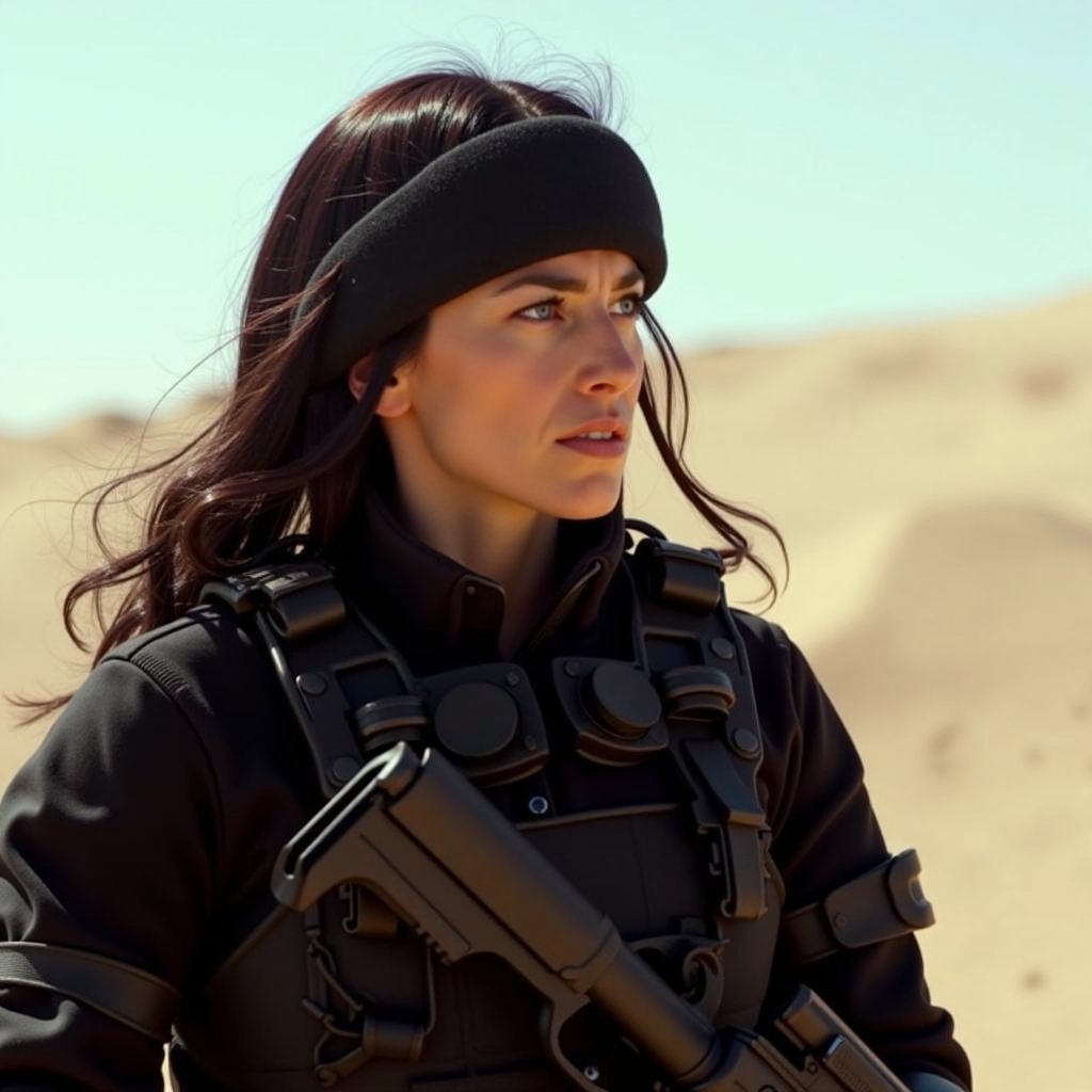 cbk, 3/4 body shot, claudia black wearing a black commando suit and holding an assault riffle, looking at something in the desert, photorealistic, real photography, 4k, hd,  <lora:claudia-black:1.2>, Photorealistic, Hyperrealistic, Hyperdetailed, analog style, soft lighting, subsurface scattering, realistic, heavy shadow, masterpiece, best quality, ultra realistic, 8k, golden ratio, Intricate, High Detail, film photography, soft focus, RAW candid cinema, 16mm, color graded portra 400 film, remarkable color, ultra realistic, textured skin, remarkable detailed pupils, realistic dull skin noise, visible skin detail, skin fuzz, dry skin, shot with cinematic camera