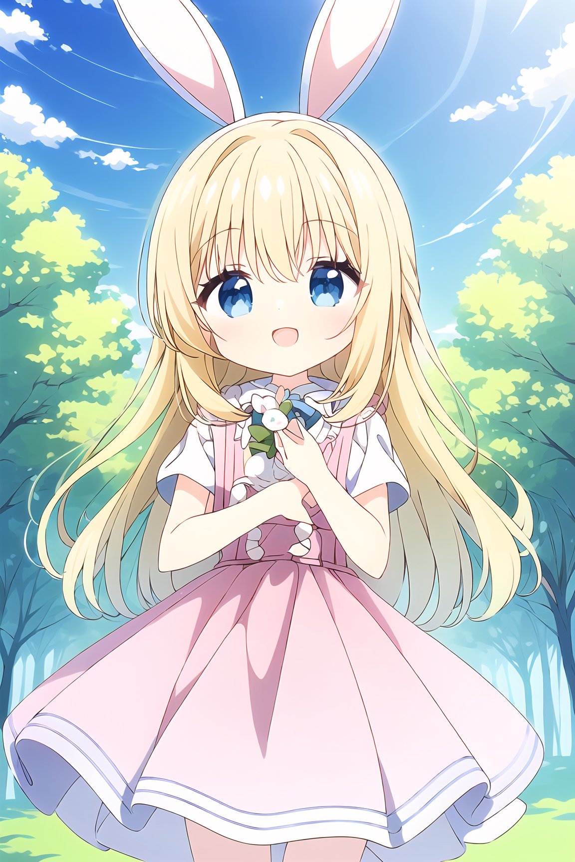 The image is an illustration of a young girl with long blonde hair and bunny ears. She is wearing a pink dress with white...