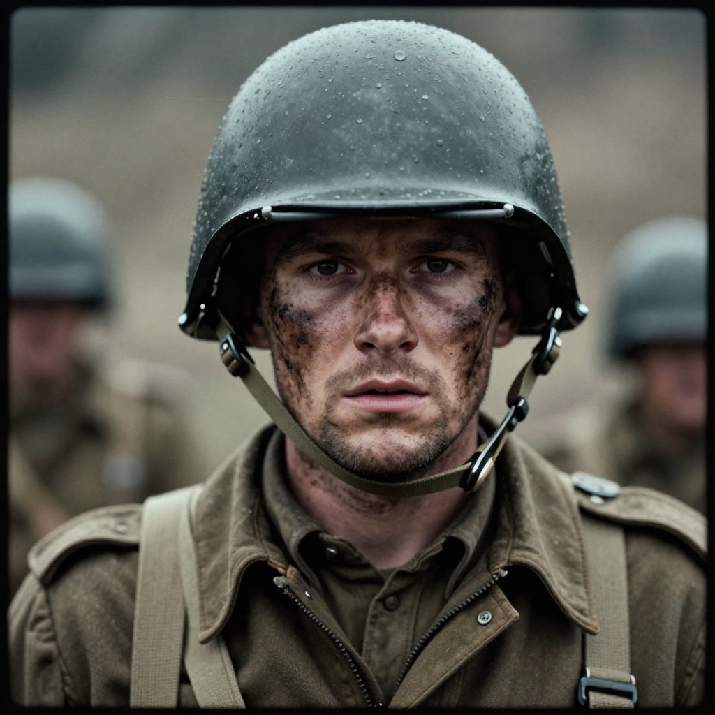 cinematic film still of photorealistic:1,  Silver themed color,  In cinematic Bleach bypass Film style a ww2 soldier man i...